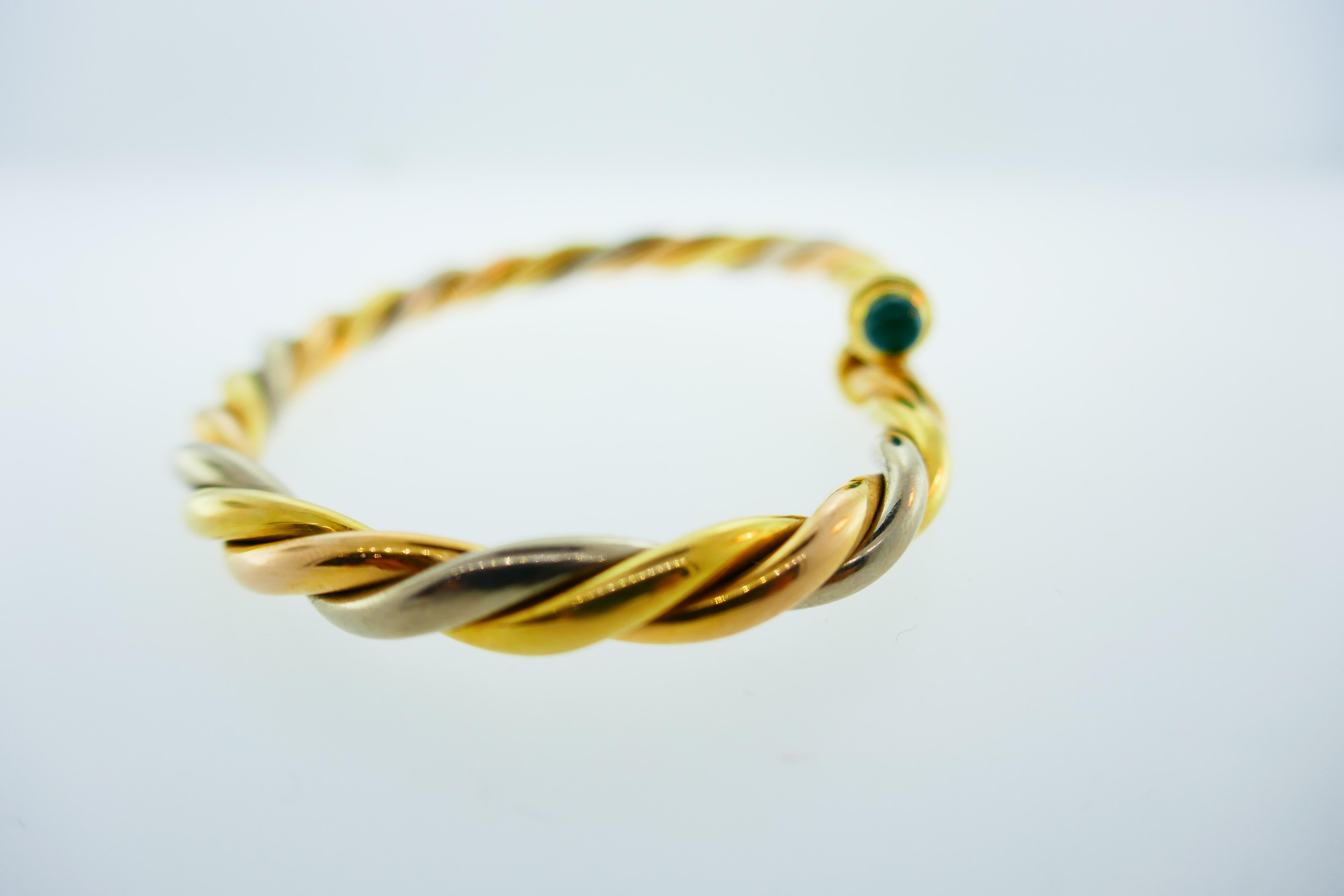 Cartier France 18k Tri Color Gold and Cabochon Emerald Twisted Rope Cuff Bangle In Excellent Condition In Beverly Hills, CA