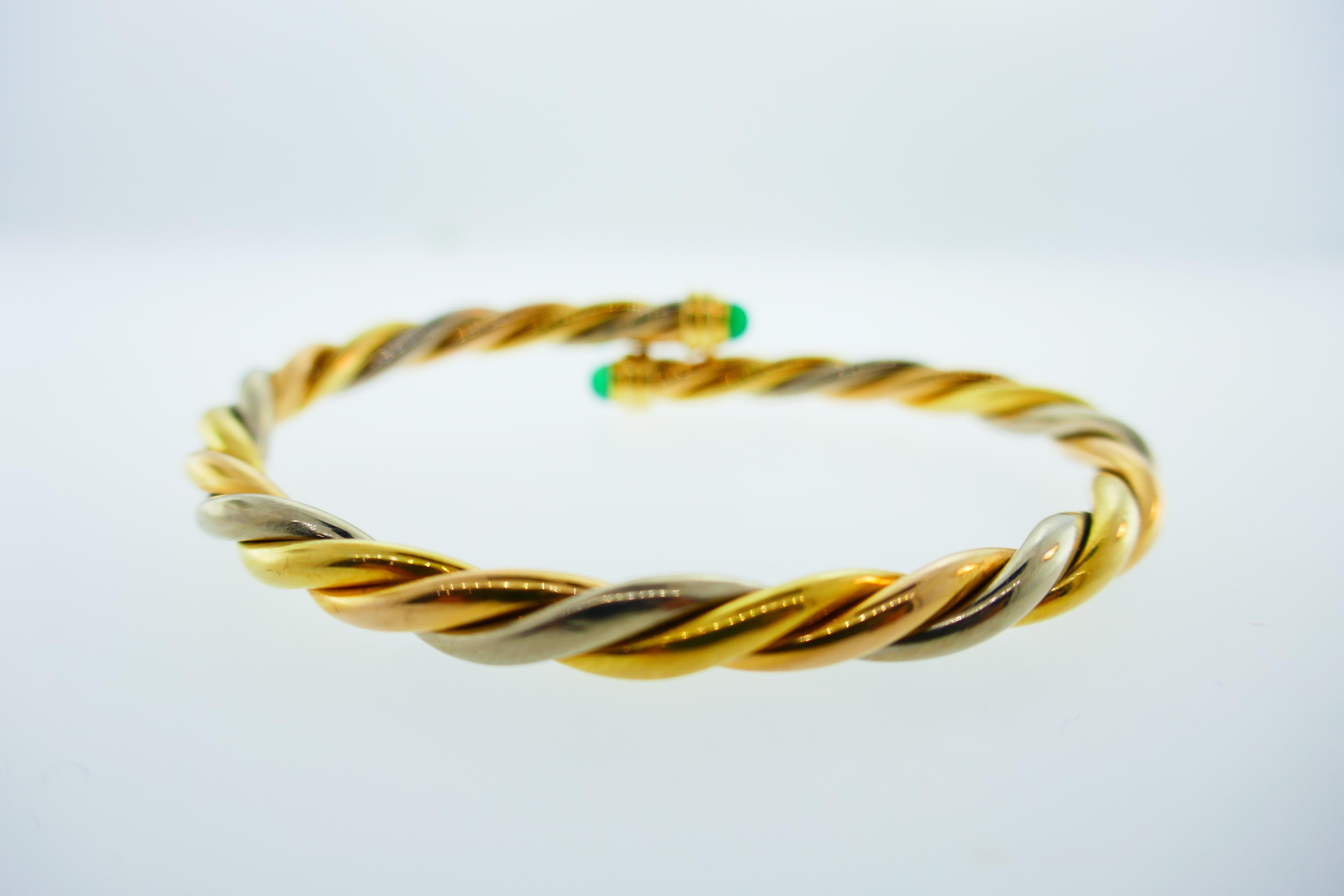 Women's or Men's Cartier France 18k Tri Color Gold and Cabochon Emerald Twisted Rope Cuff Bangle