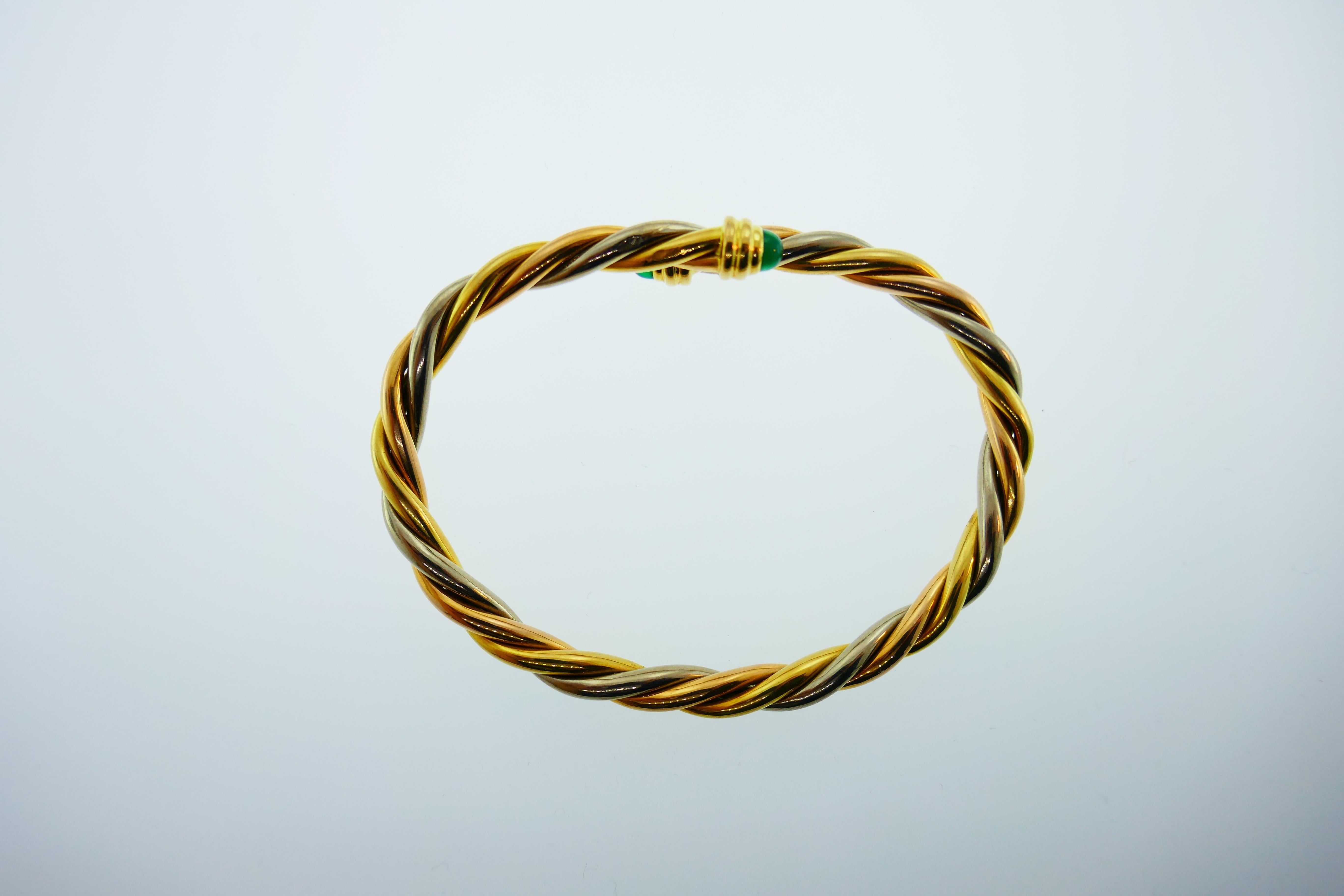 Cartier France 18k Tri Color Gold and Cabochon Emerald Twisted Rope Cuff Bangle 2
