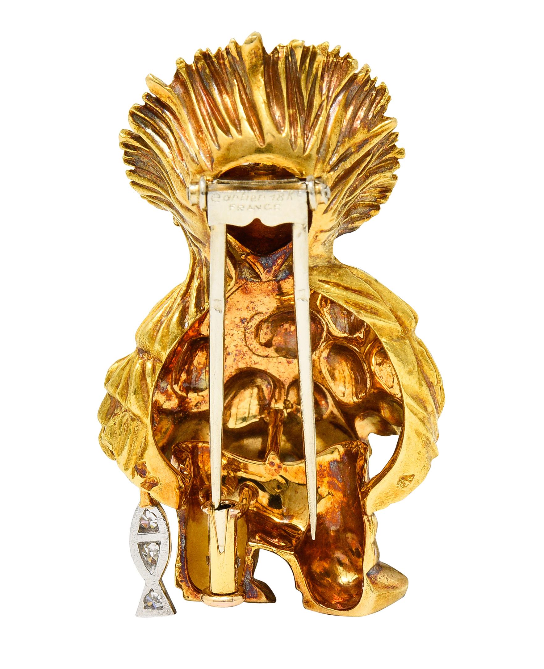 Women's or Men's Cartier France 1960s Diamond Platinum 18 Karat Yellow Gold Fisherman Brooch For Sale