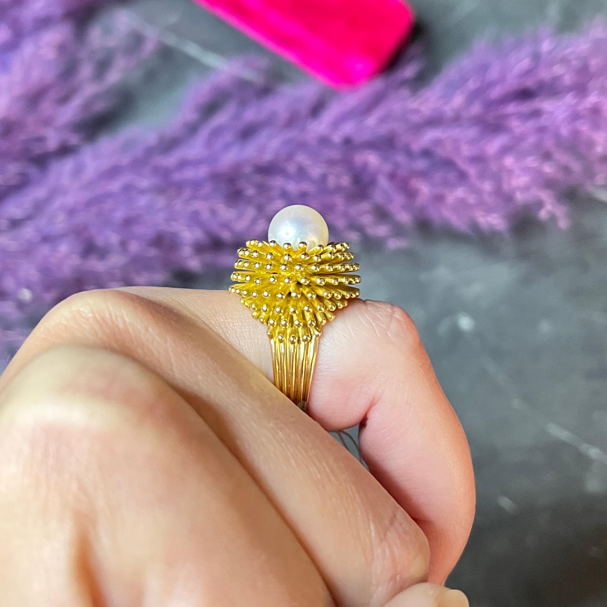 Cartier France 1960's Pearl 18 Karat Yellow Gold Organic Burst Vintage Ring 7