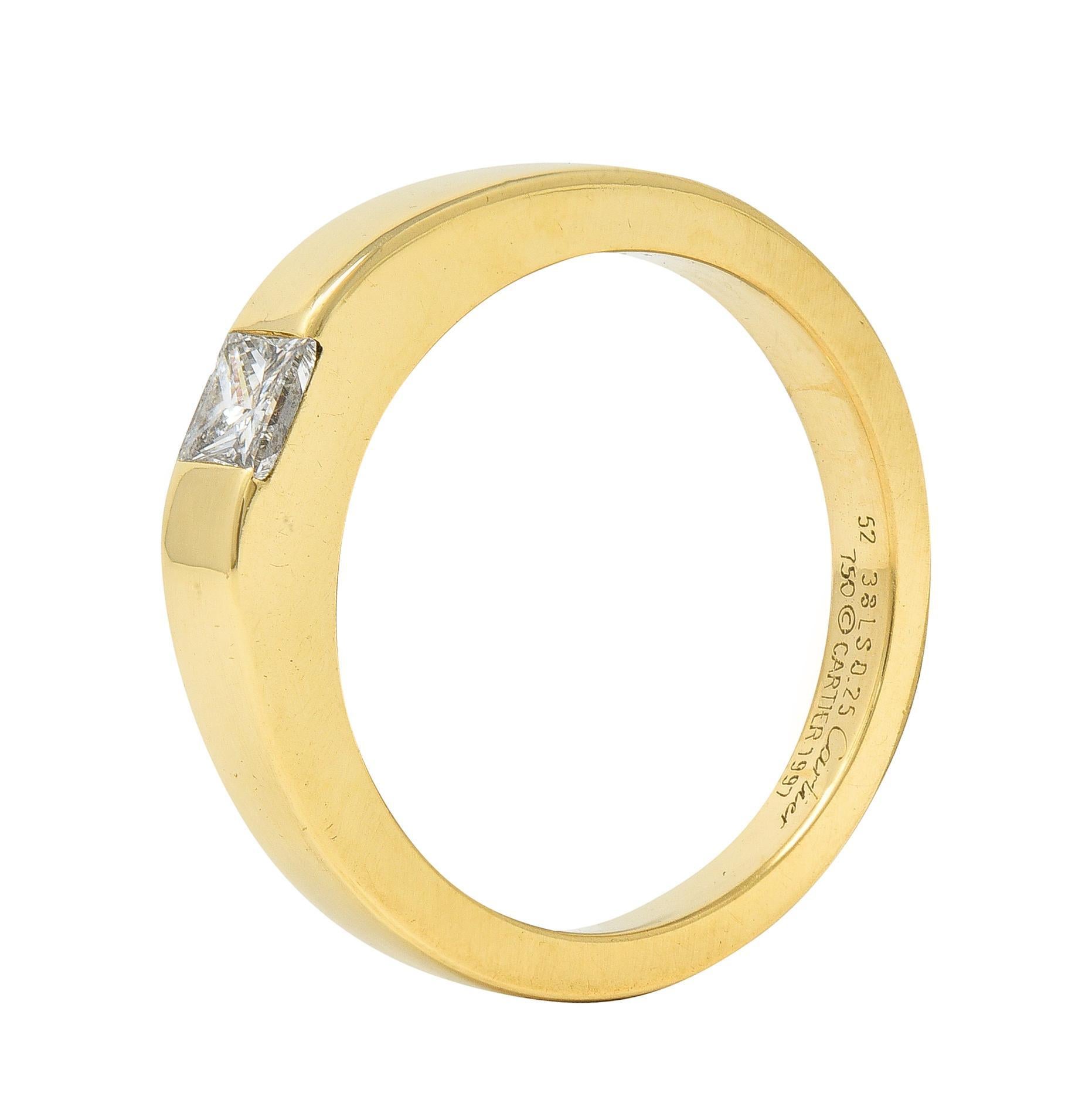 Featuring a princess cut diamond weighing 0.25 carat - G color with VS1 clarity
Tension set in sleek, high polished band 
Stamped with French hallmarks for 18 karat gold 
Inscribed with carat weight
Numbered and fully signed with maker's mark for