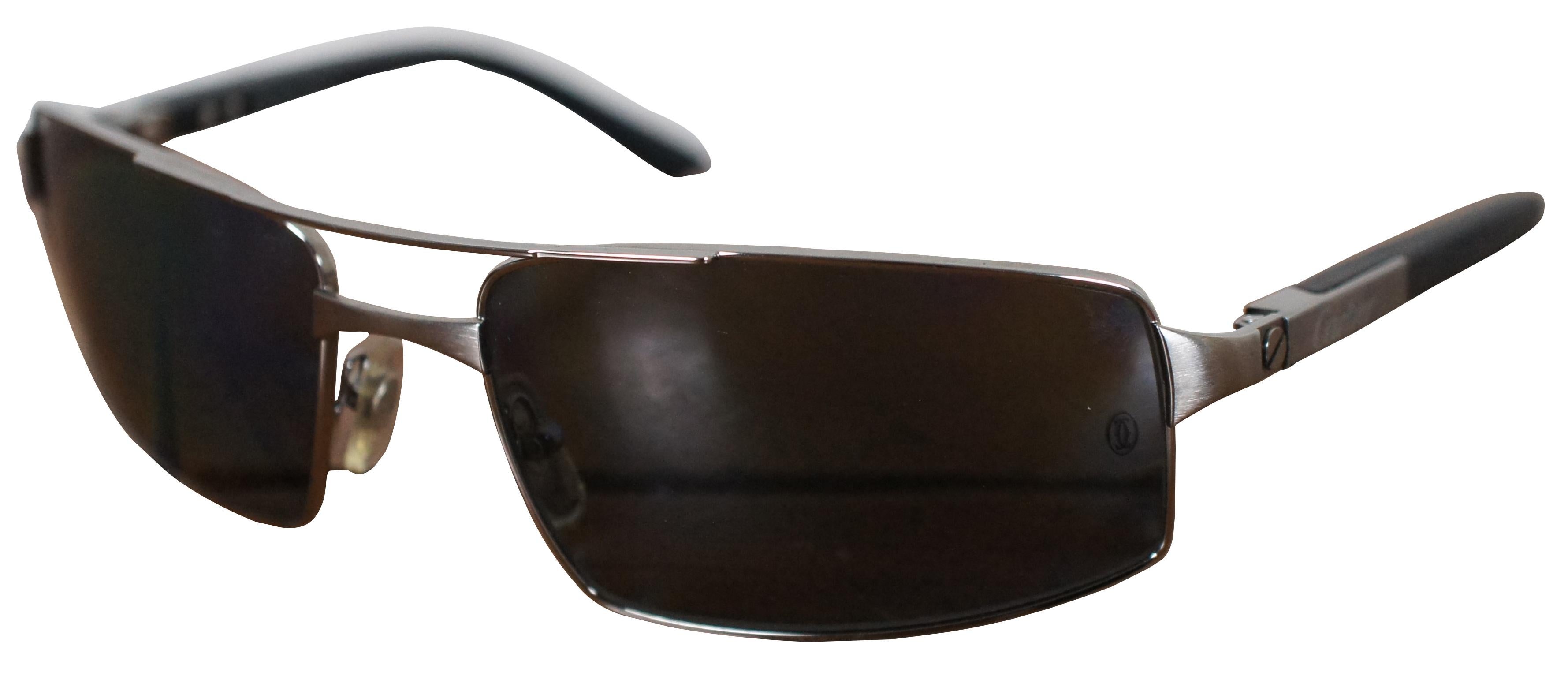 Cartier 58-18 120 Santos Galaxy rectangular aviator style sunglasses; made in France. Black hard shell case, drawstring dust bag, and original box included.