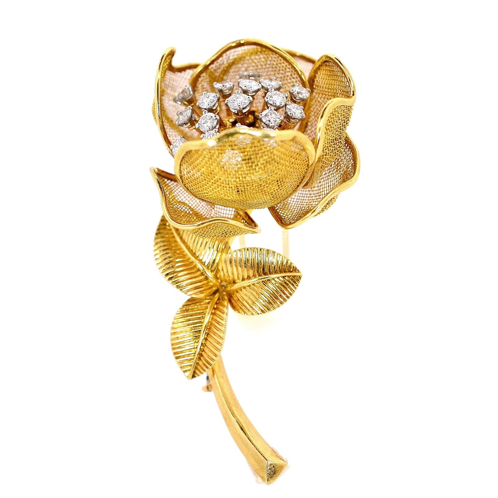 Round Cut Cartier France Diamond and Gold Vintage Brooch