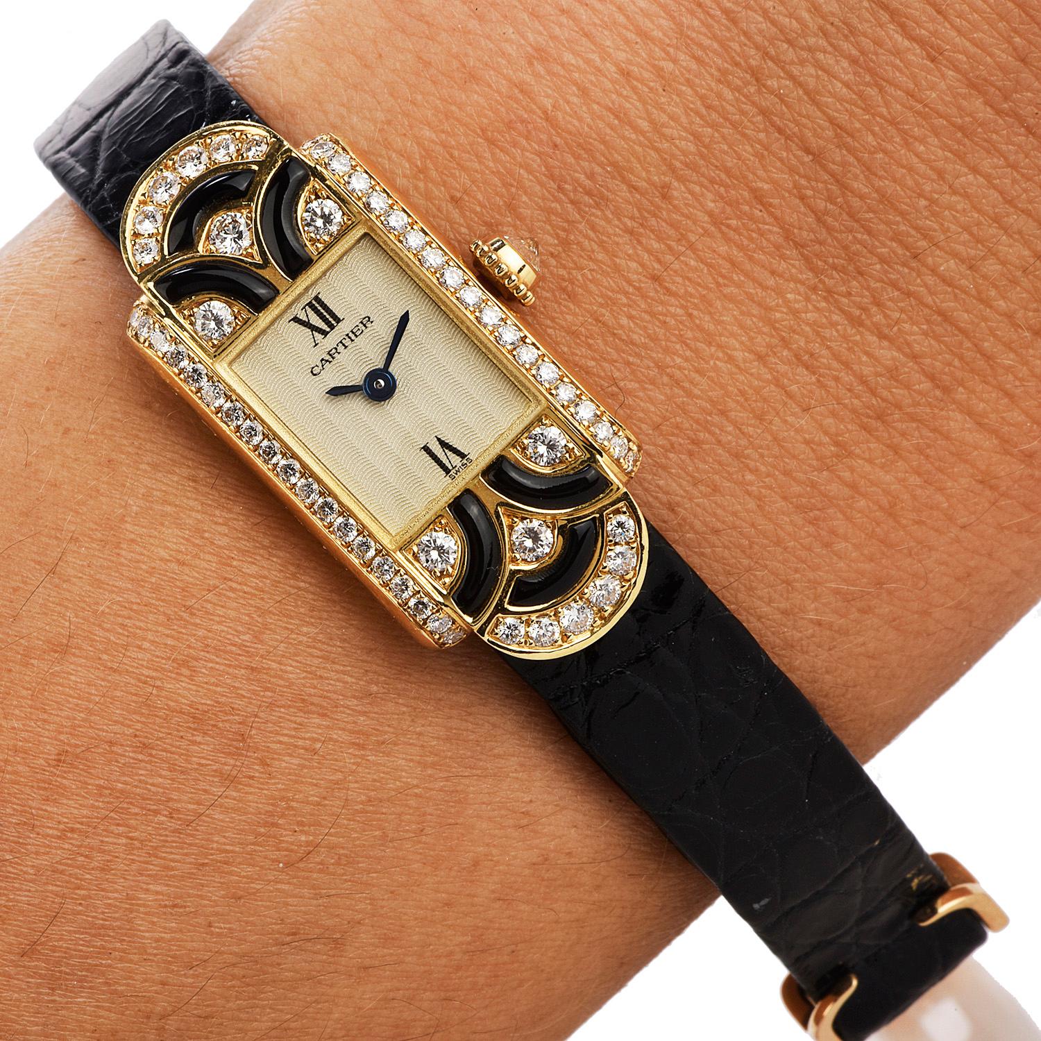 French Cut Cartier France Diamond Black Onyx 18K Gold  Wrist Watch