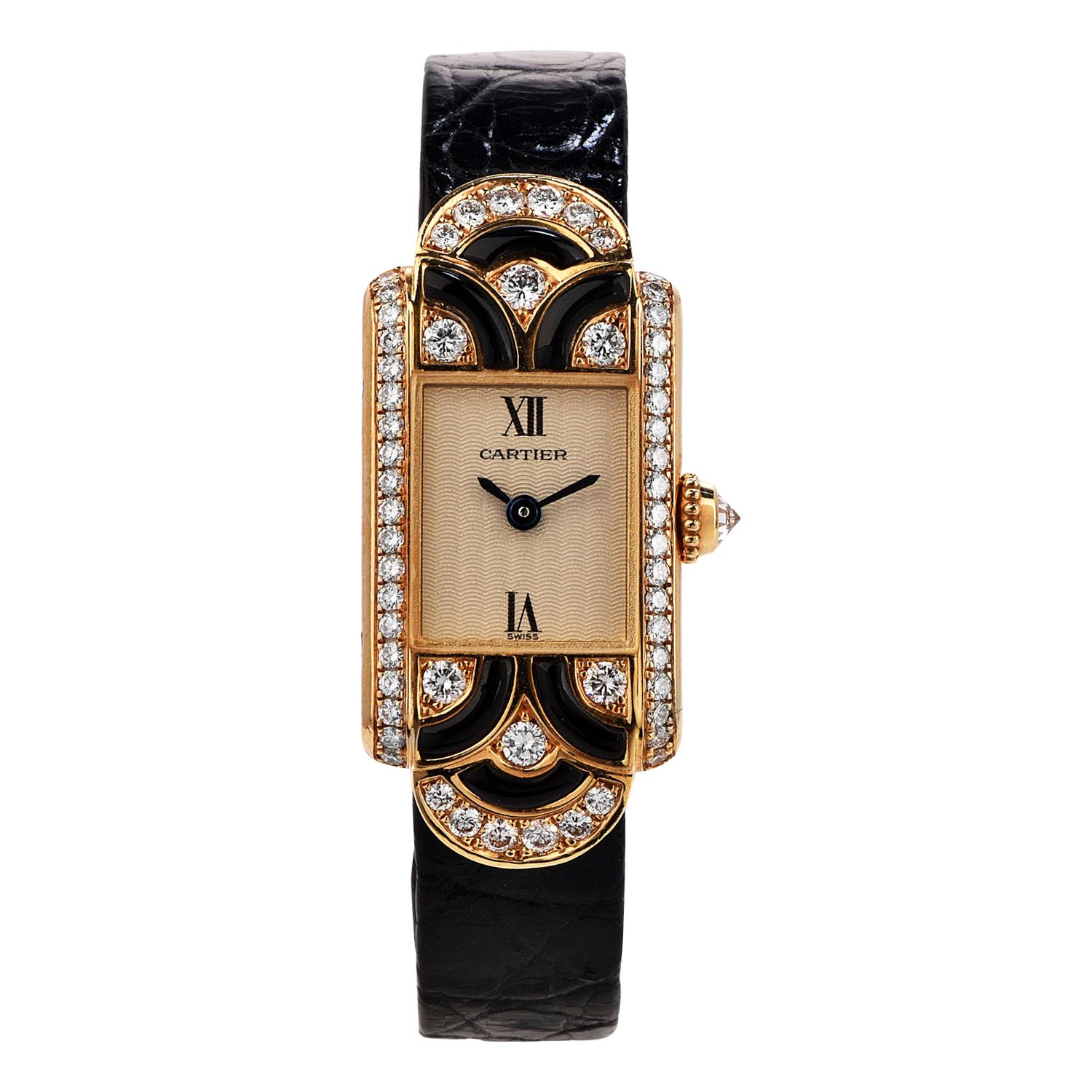 Cartier France Diamond Black Onyx 18K Gold  Wrist Watch