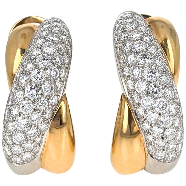 Cartier France Diamond Cross Over Platinum Gold Clip Earrings For Sale