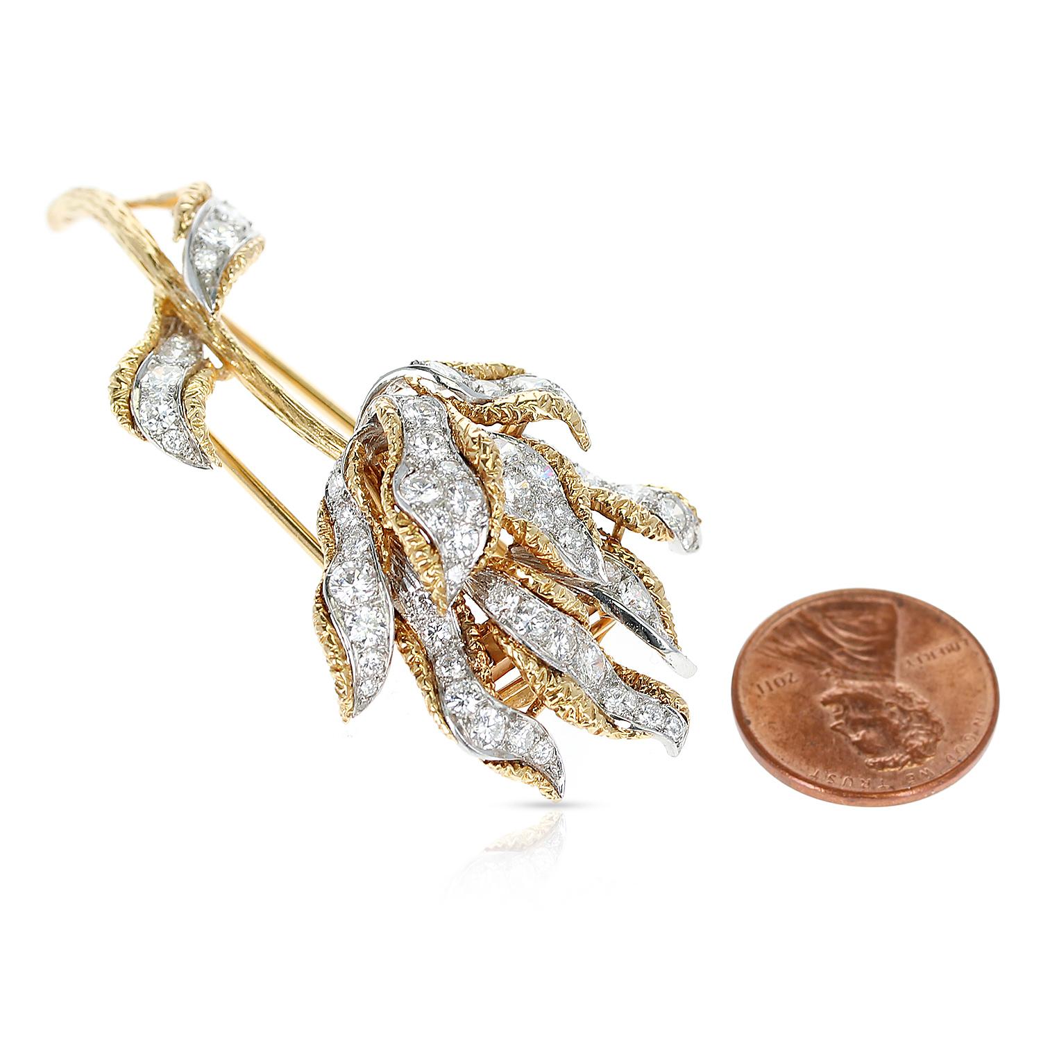 Cartier France Diamond Flower Brooch, 18 Karat Yellow Gold In Excellent Condition In New York, NY