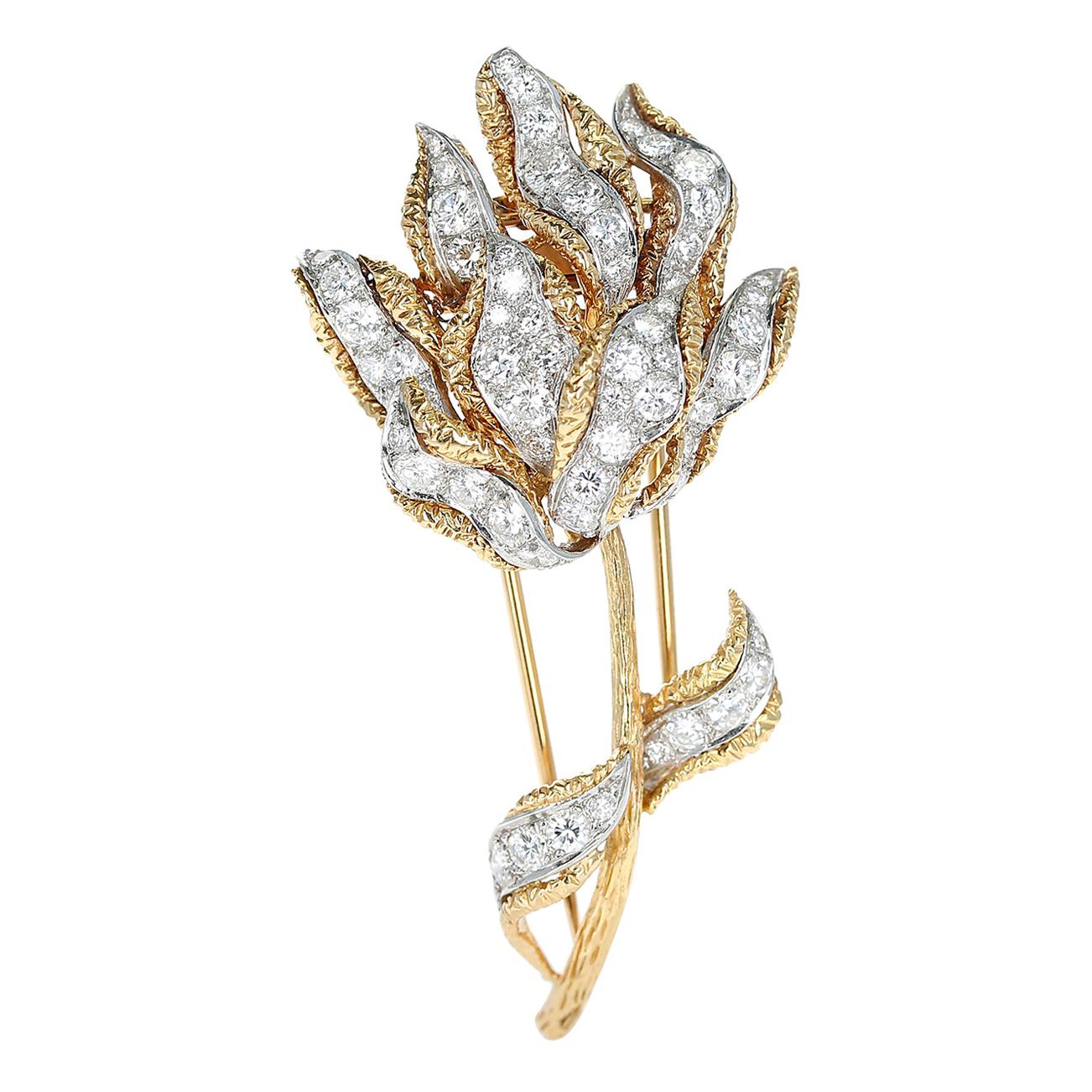 Cartier France Diamond Flower Brooch, 18 Karat Yellow Gold