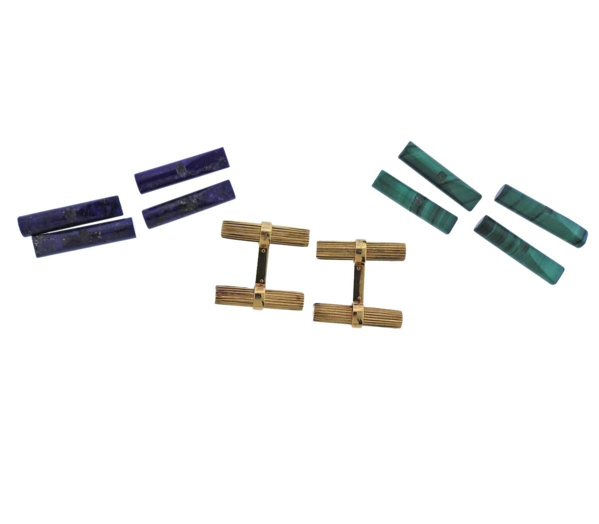 Interchangeable 18k yellow gold French Cartier cufflinks set, featuring lapis and malachite top versions. Cufflink top measures 21mm x 6mm. Weight is 10.4 grams (gold cufflinks only, without stones). Marked French gold assay marks, Cartier, 750,