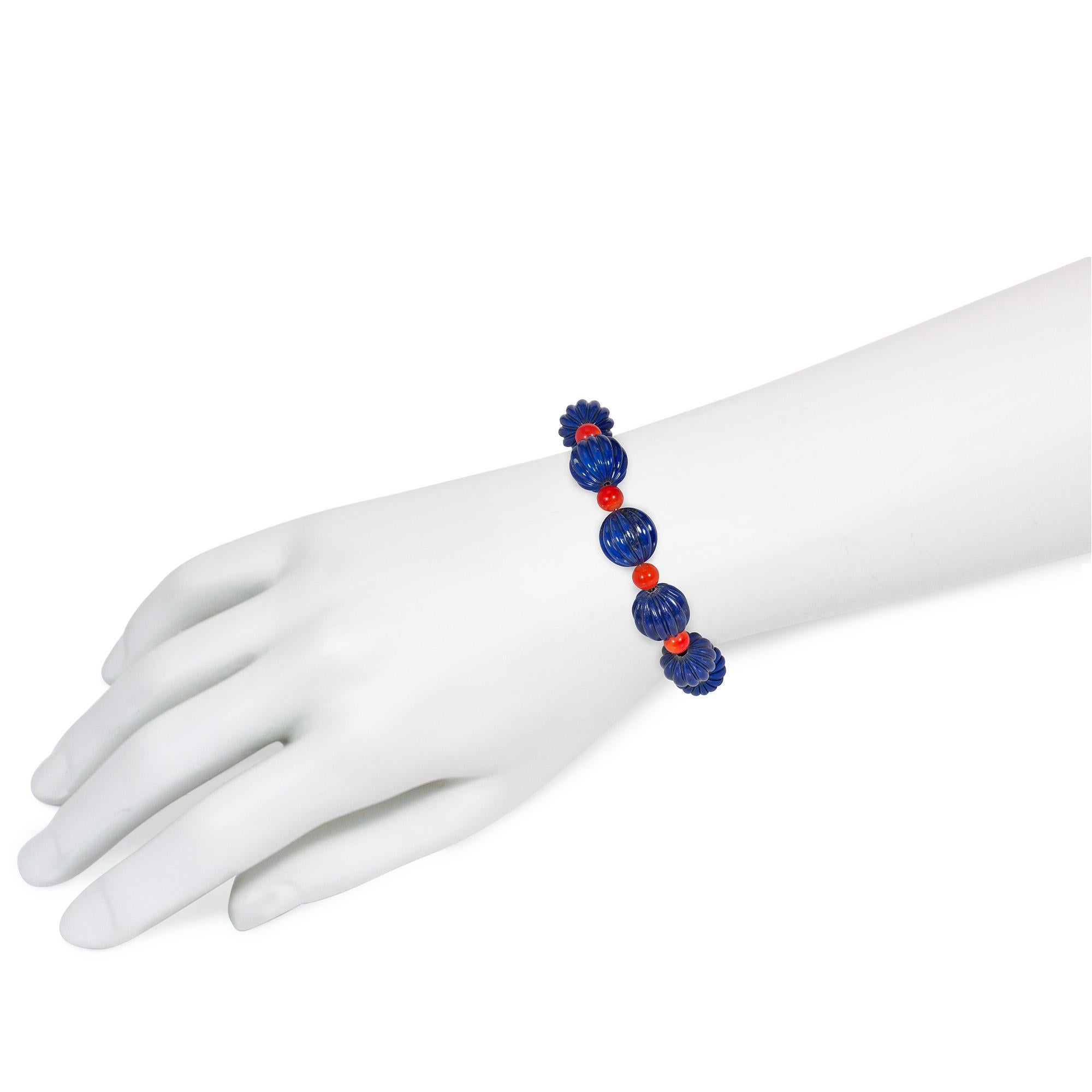 Modern Cartier, France Mid-Century Gold, Lapis, and Coral Bead Bracelet For Sale