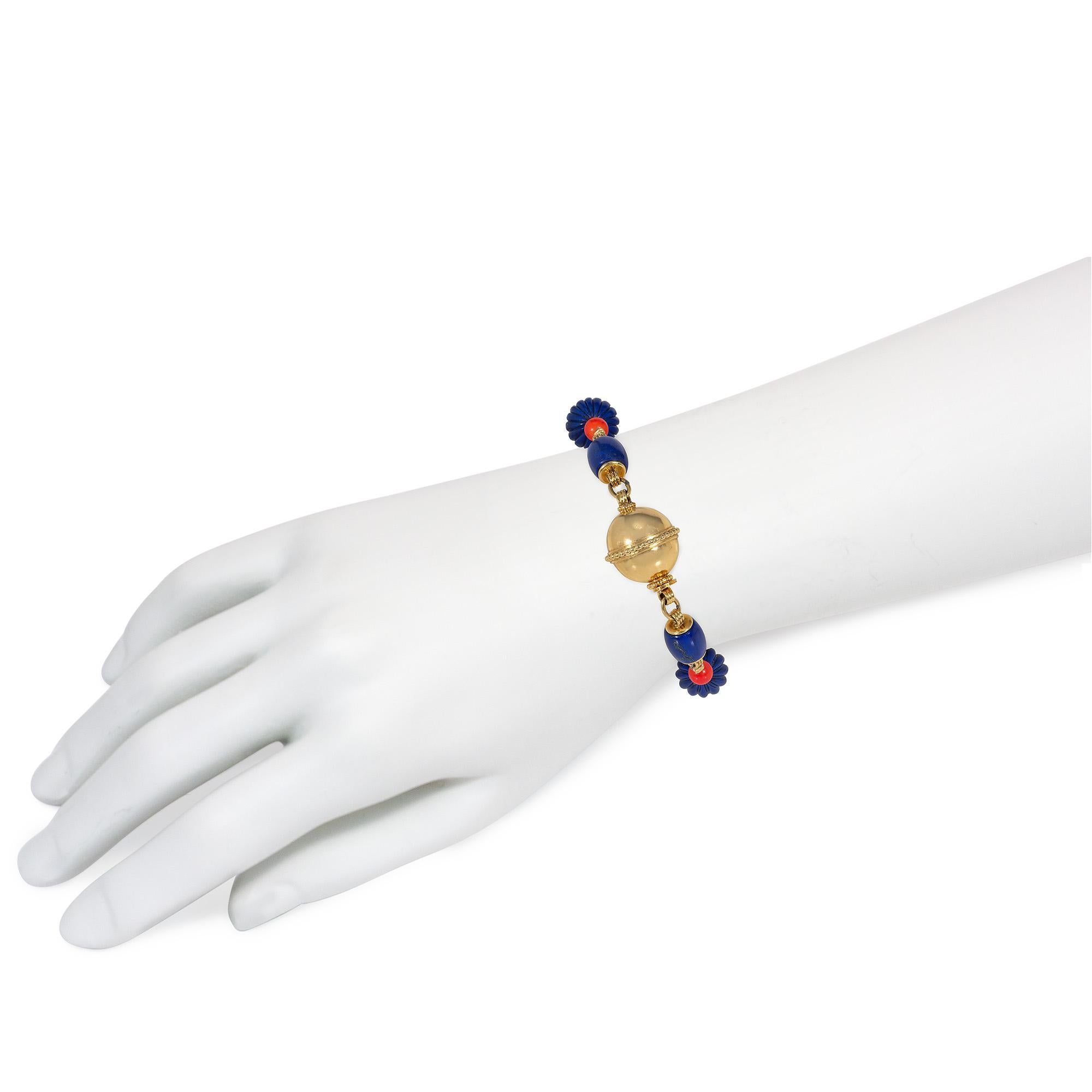 Cartier, France Mid-Century Gold, Lapis, and Coral Bead Bracelet In Good Condition For Sale In New York, NY
