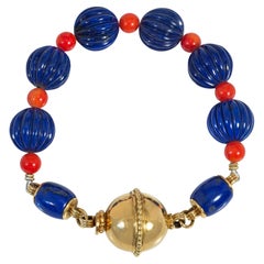 Cartier, France Midcentury Lapis and Coral Bead Bracelet, Gold Ball Clasp