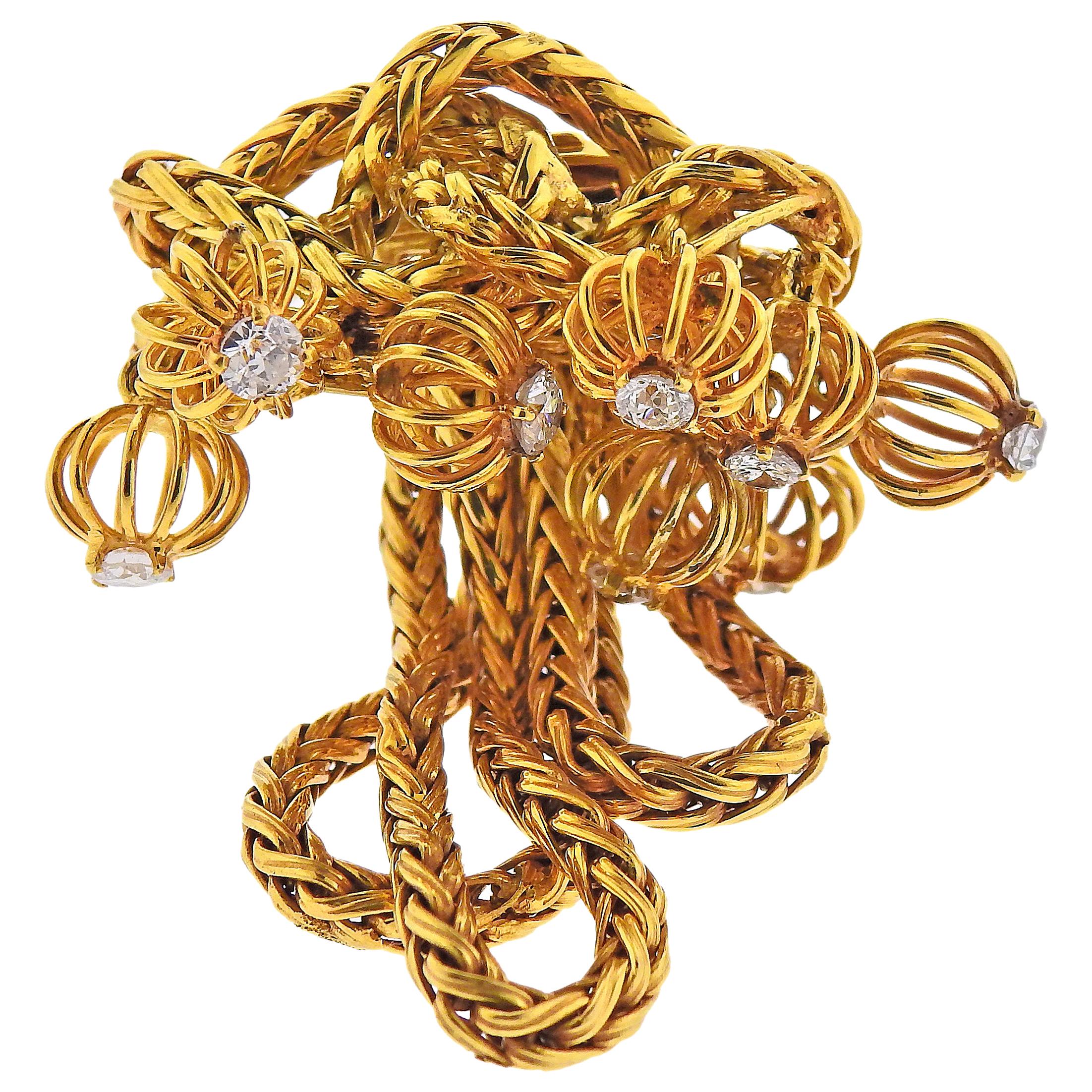 Cartier France Midcentury Diamond Gold Brooch Pin