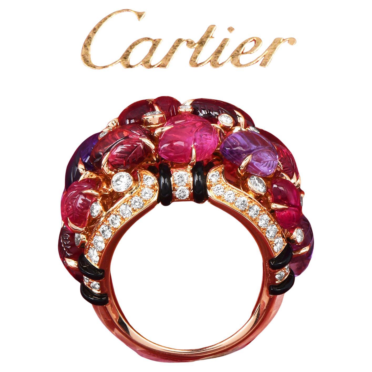 Cartier France Pierrs Gravees Engraved Gems 18k Rose gold Cockatil Ring Size 53
