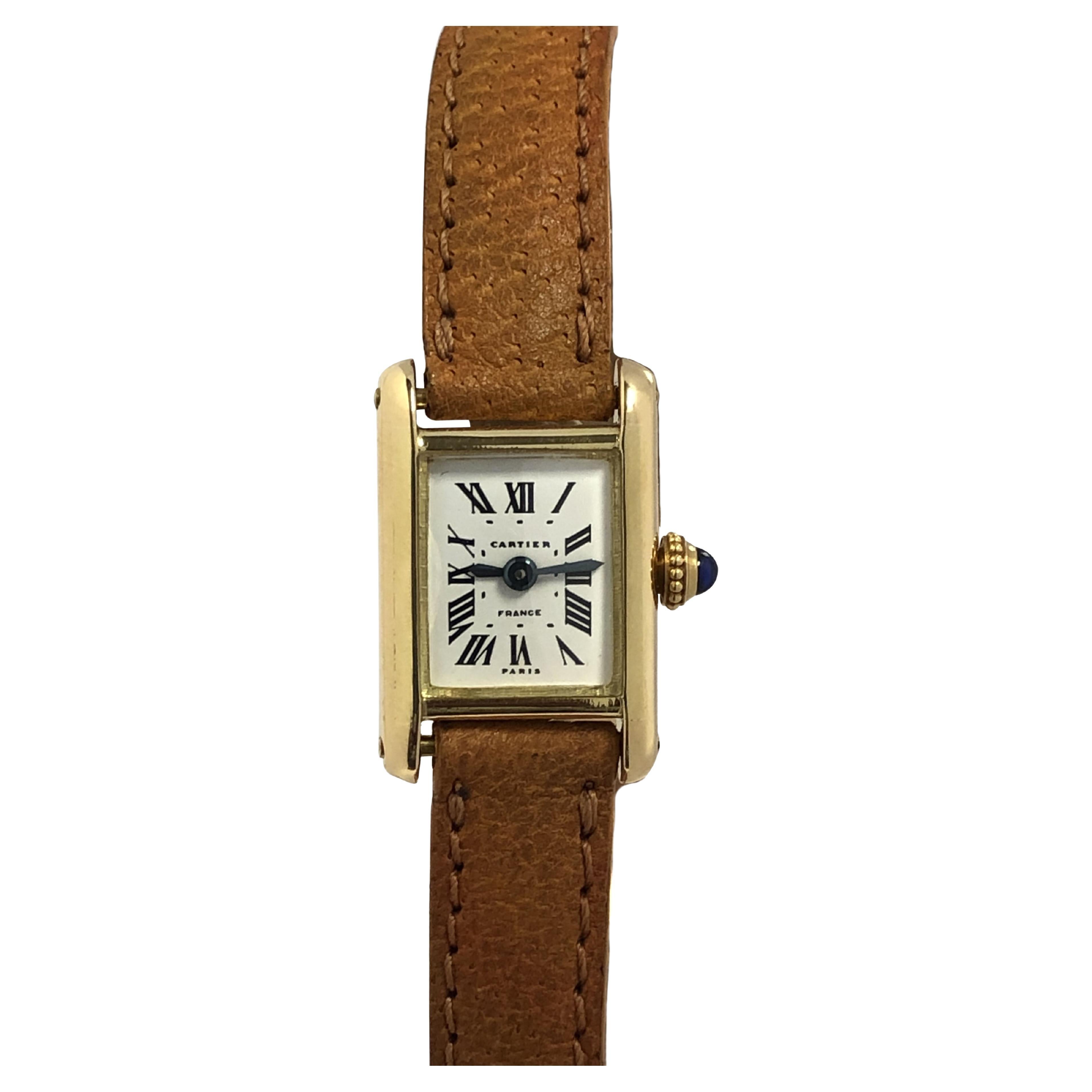 Cartier France Rare Mini Tank Yellow Gold Mechanical Wrist Watch For Sale