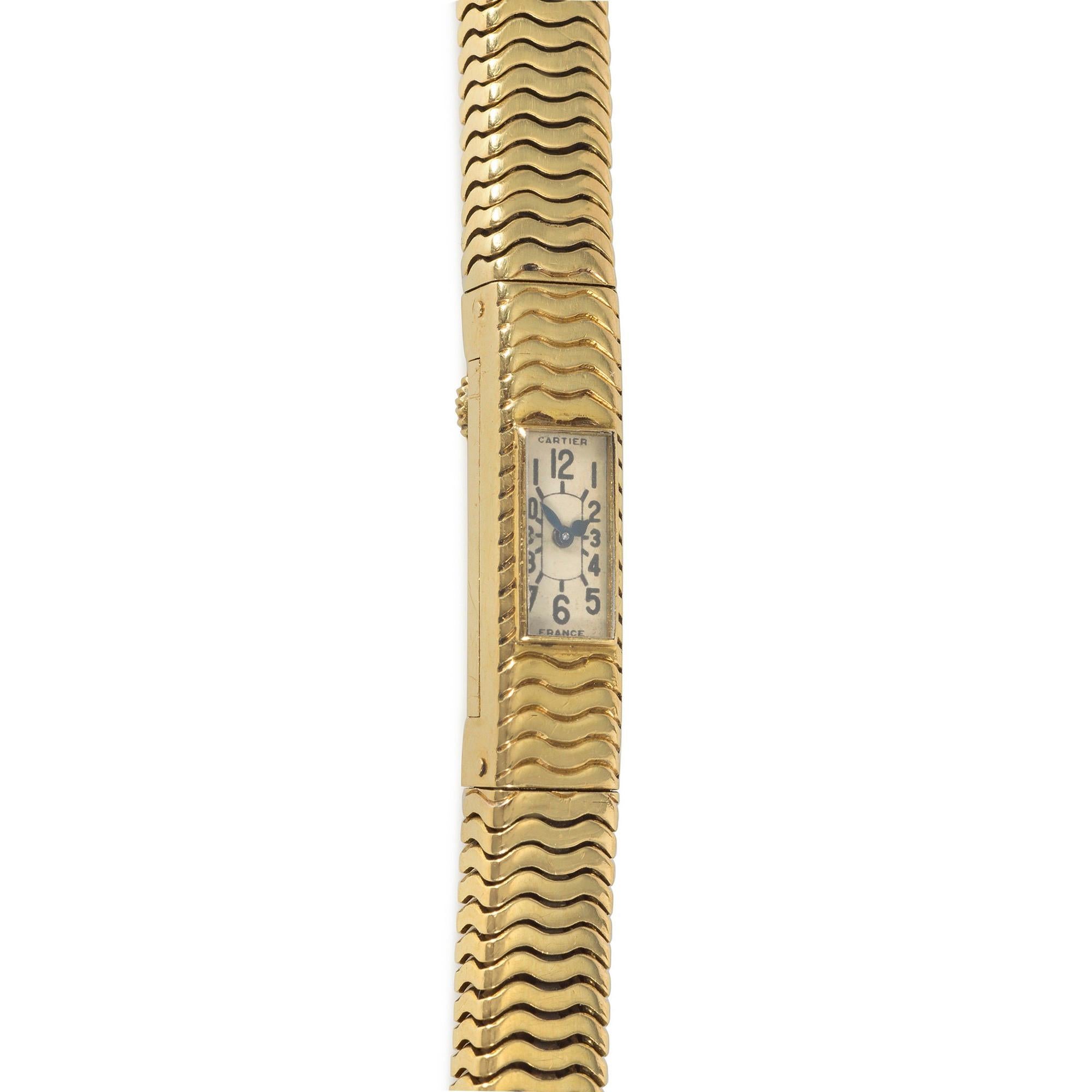 Cartier, France Retro Gold Box Snake Chain Bracelet Watch, Backwinder Movement In Good Condition For Sale In New York, NY