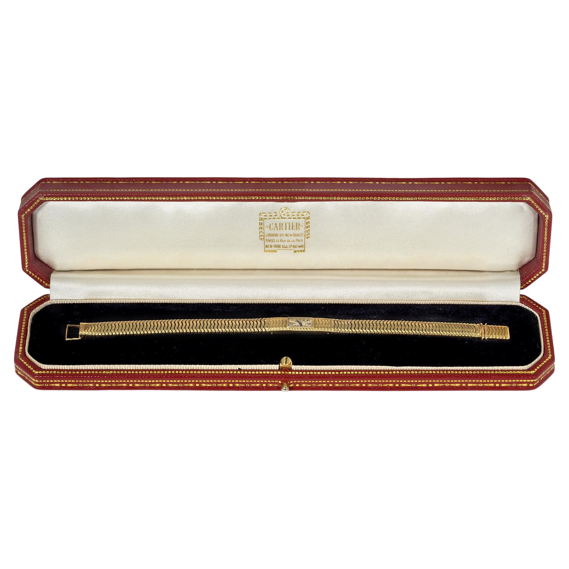Cartier, France Retro Gold Box Snake Chain Bracelet Watch, Backwinder Movement For Sale