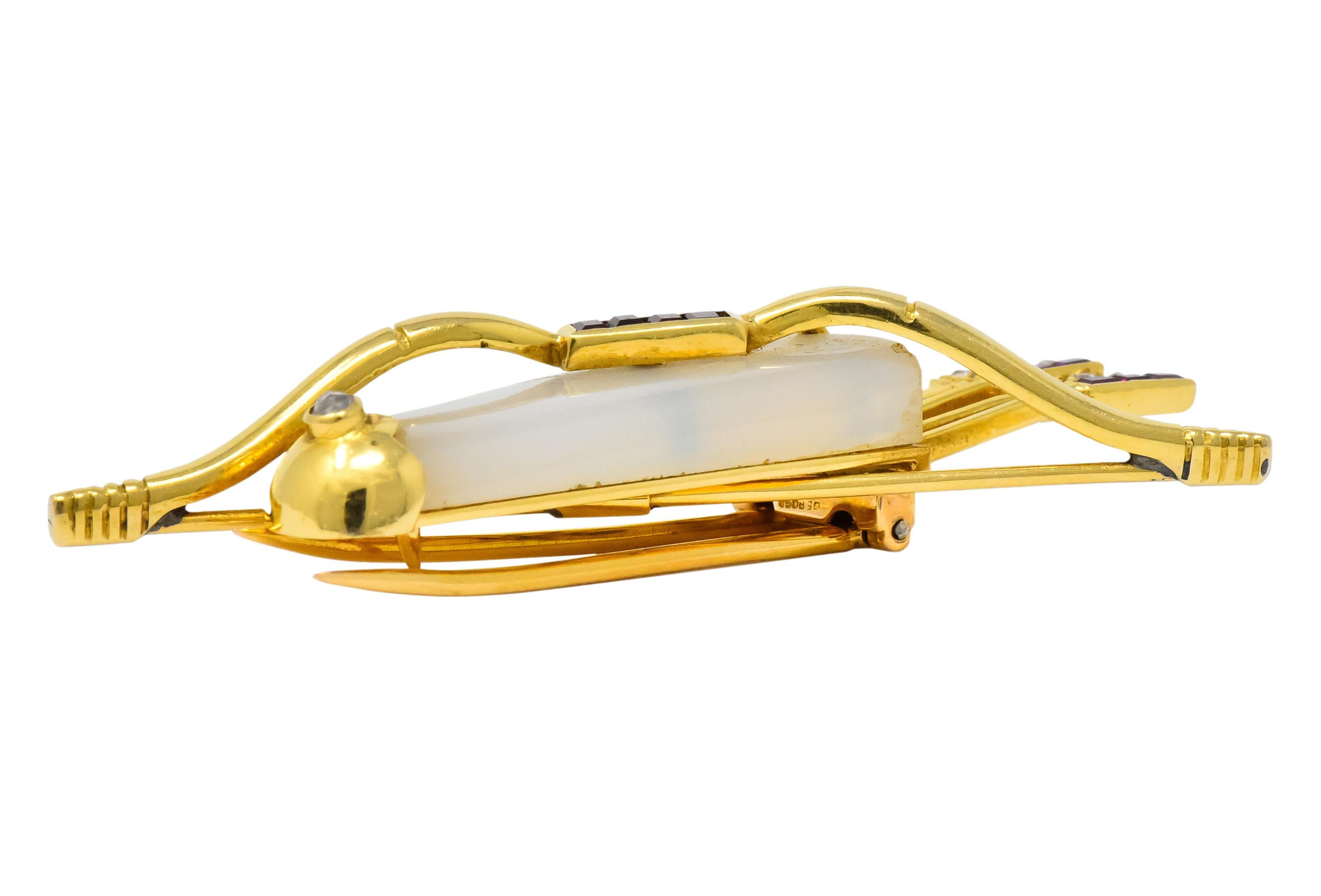 Cartier France Retro Ruby Diamond Agate 18 Karat Gold Bow & Arrow Quiver Brooch 1