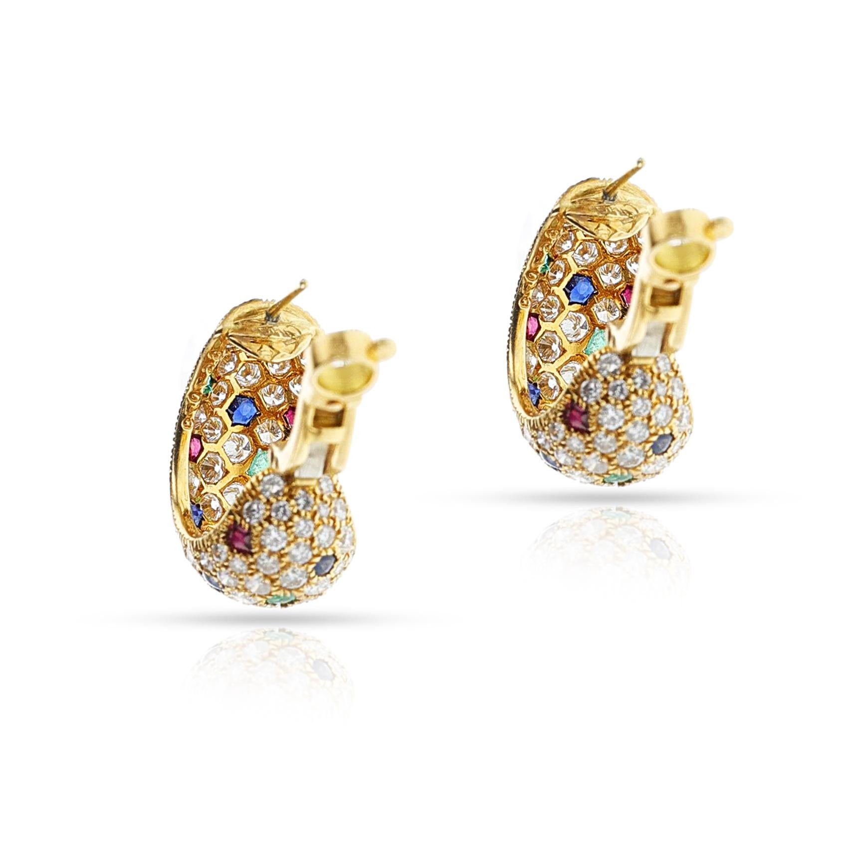 Women's or Men's Cartier France Ruby, Emerald, Sapphire & Diamond Gem-Set Half-Hoop Earrings, 18k For Sale