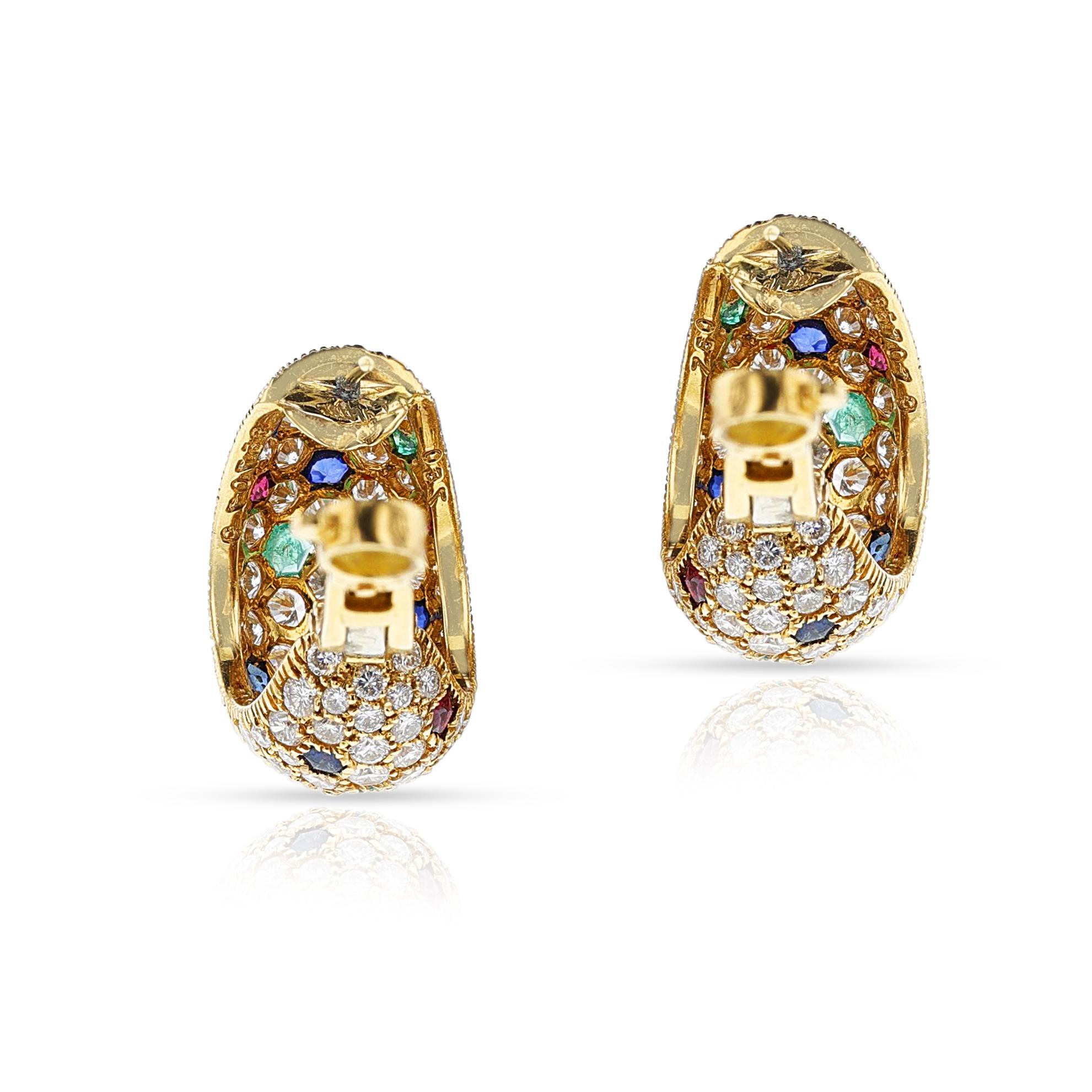 Cartier France Ruby, Emerald, Sapphire & Diamond Gem-Set Half-Hoop Earrings, 18k For Sale 1