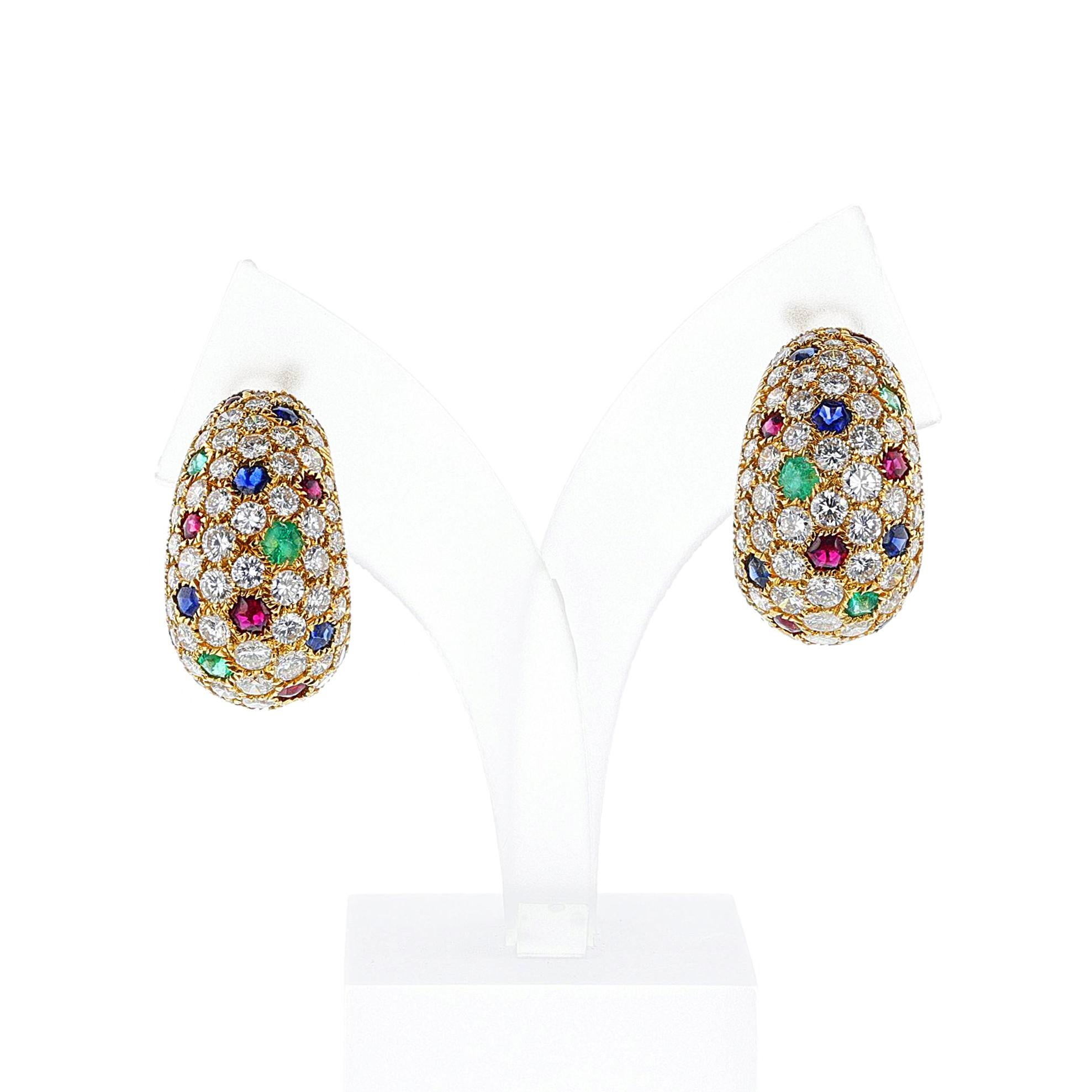 Cartier France Ruby, Emerald, Sapphire & Diamond Gem-Set Half-Hoop Earrings, 18k For Sale 2
