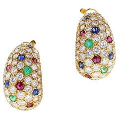 Cartier France Ruby, Emerald, Sapphire & Diamond Gem-Set Half-Hoop Earrings, 18k