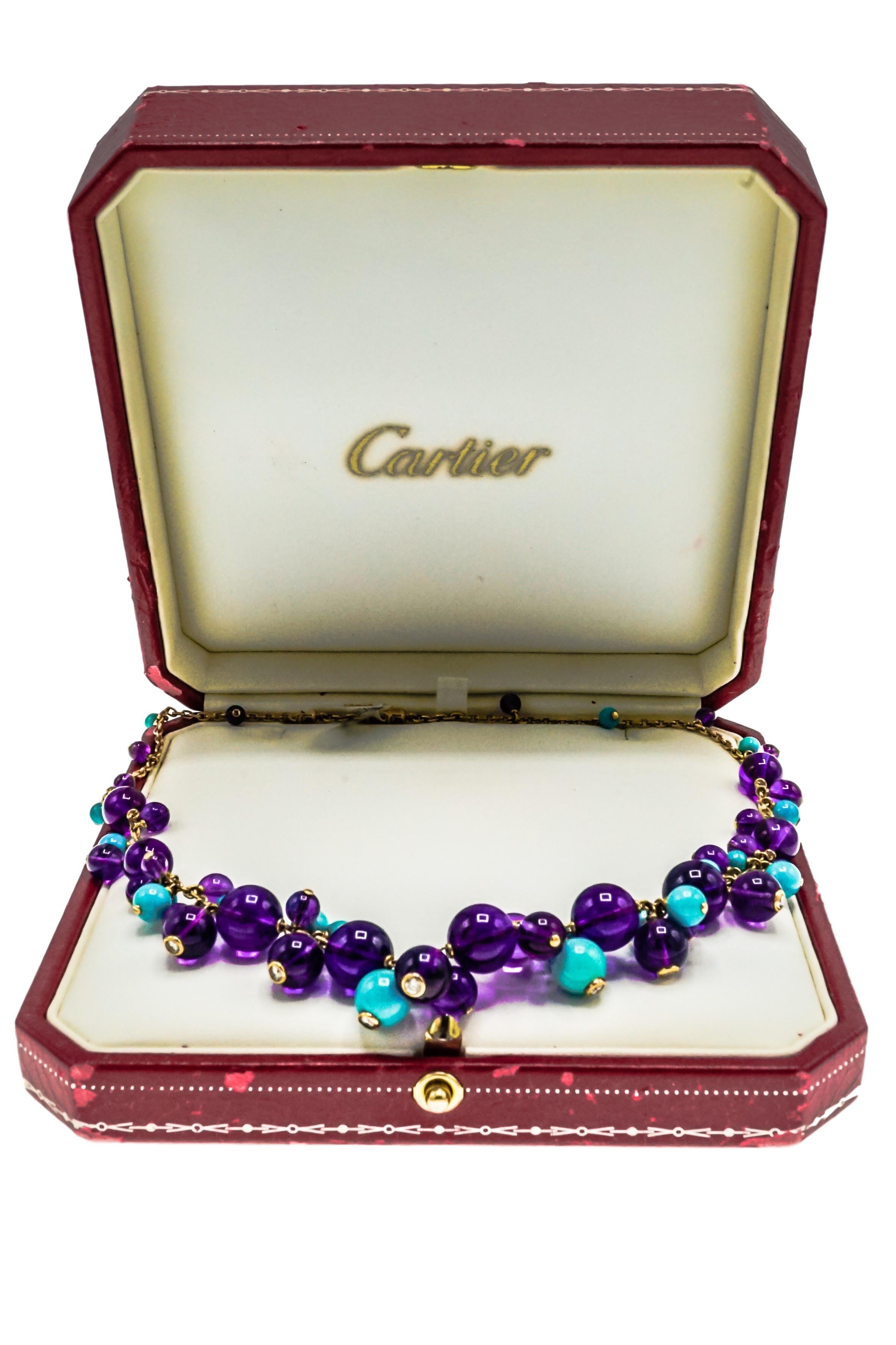 A Beautiful Cartier France Turquoise necklace, featuring clusters of turquoise beads measuring approximately 9.0 to 4.0 mm and amethyst beads measuring approximately 10.1 to 4.1 mm, accented by round diamonds, with a length 14⅝ inches, this piece is