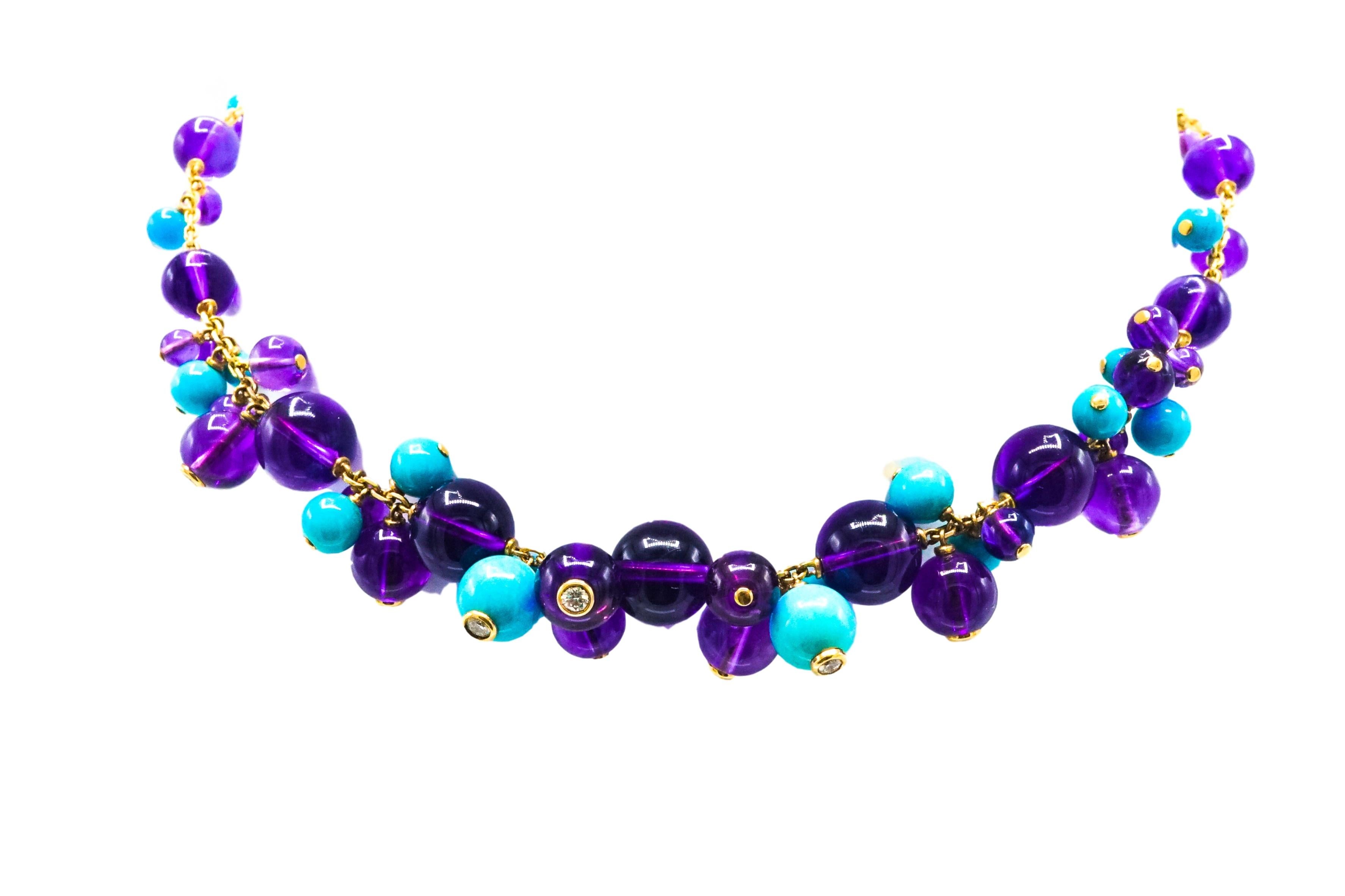 Round Cut Cartier, France Turquoise, Amethyst and Diamond Necklace