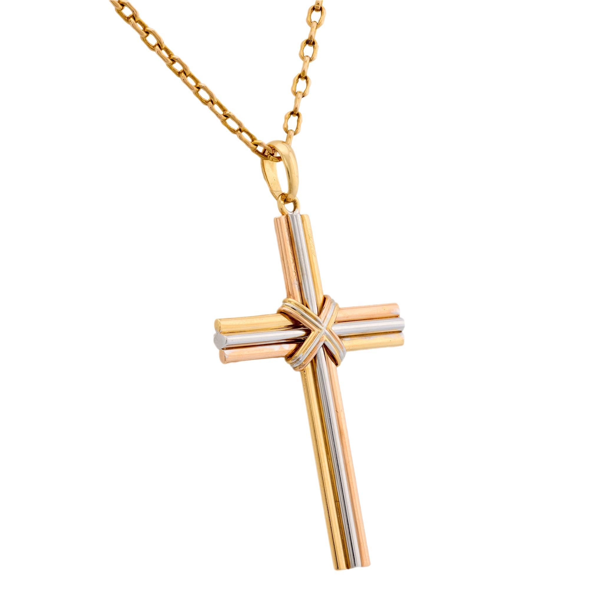 Contemporary Cartier French 18k tricolor gold cross necklace For Sale