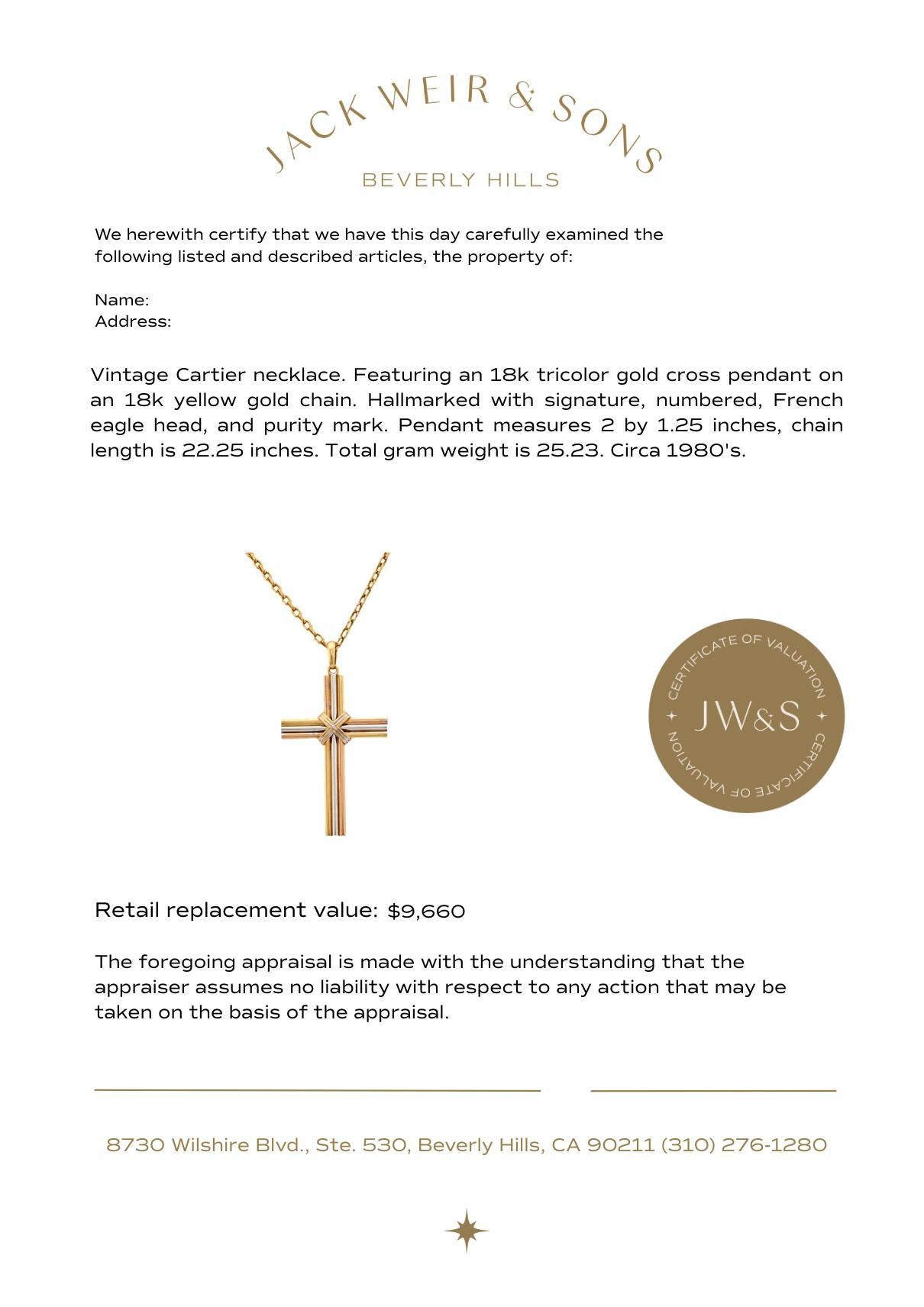 Cartier French 18k tricolor gold cross necklace In Good Condition For Sale In Beverly Hills, CA