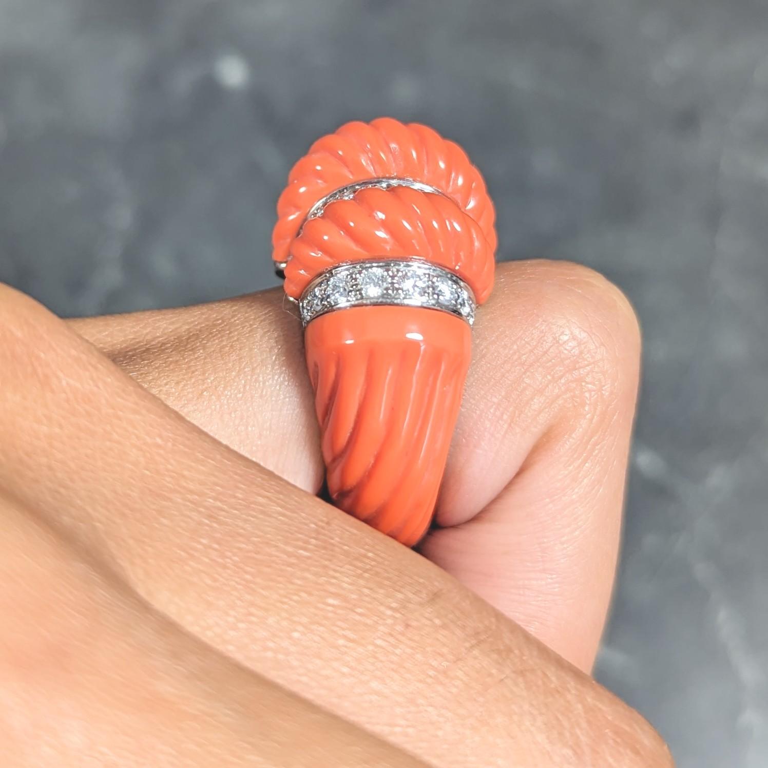 Cartier French 1.93 CTW Diamond Coral 18 Karat Gold Vintage Dome Ring 4