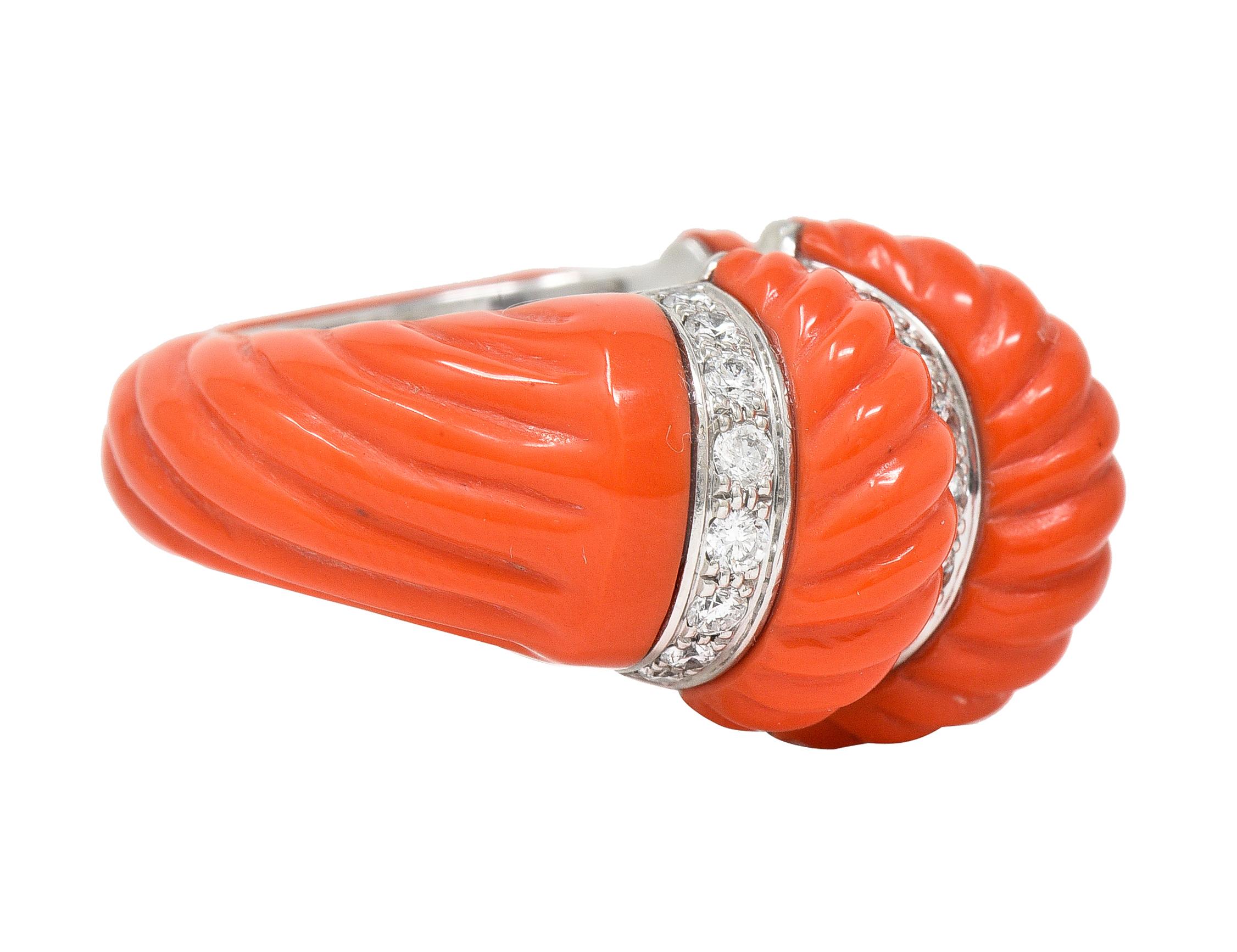 Contemporary Cartier French 1.93 CTW Diamond Coral 18 Karat Gold Vintage Dome Ring