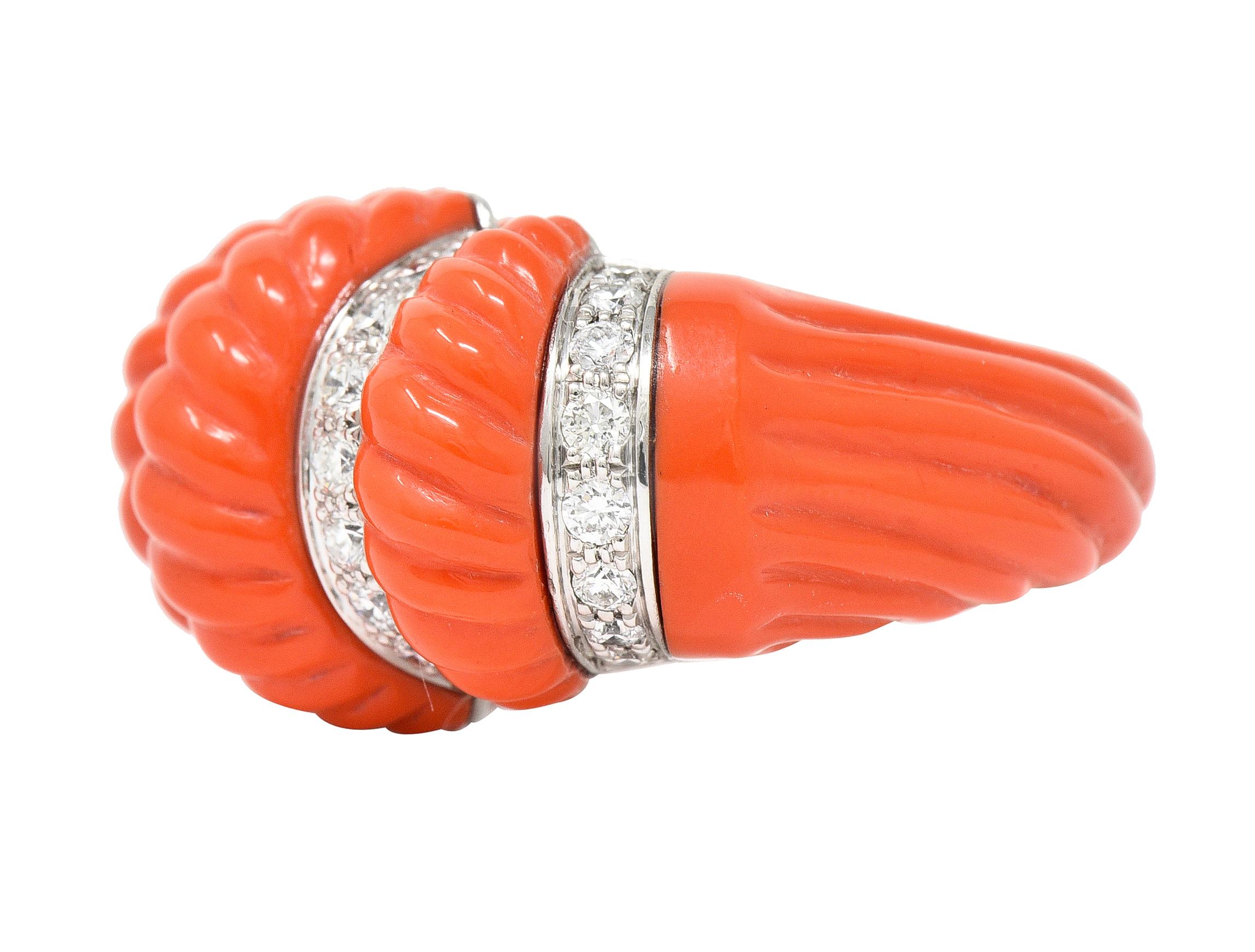 Cartier French 1.93 CTW Diamond Coral 18 Karat Gold Vintage Dome Ring In Excellent Condition In Philadelphia, PA