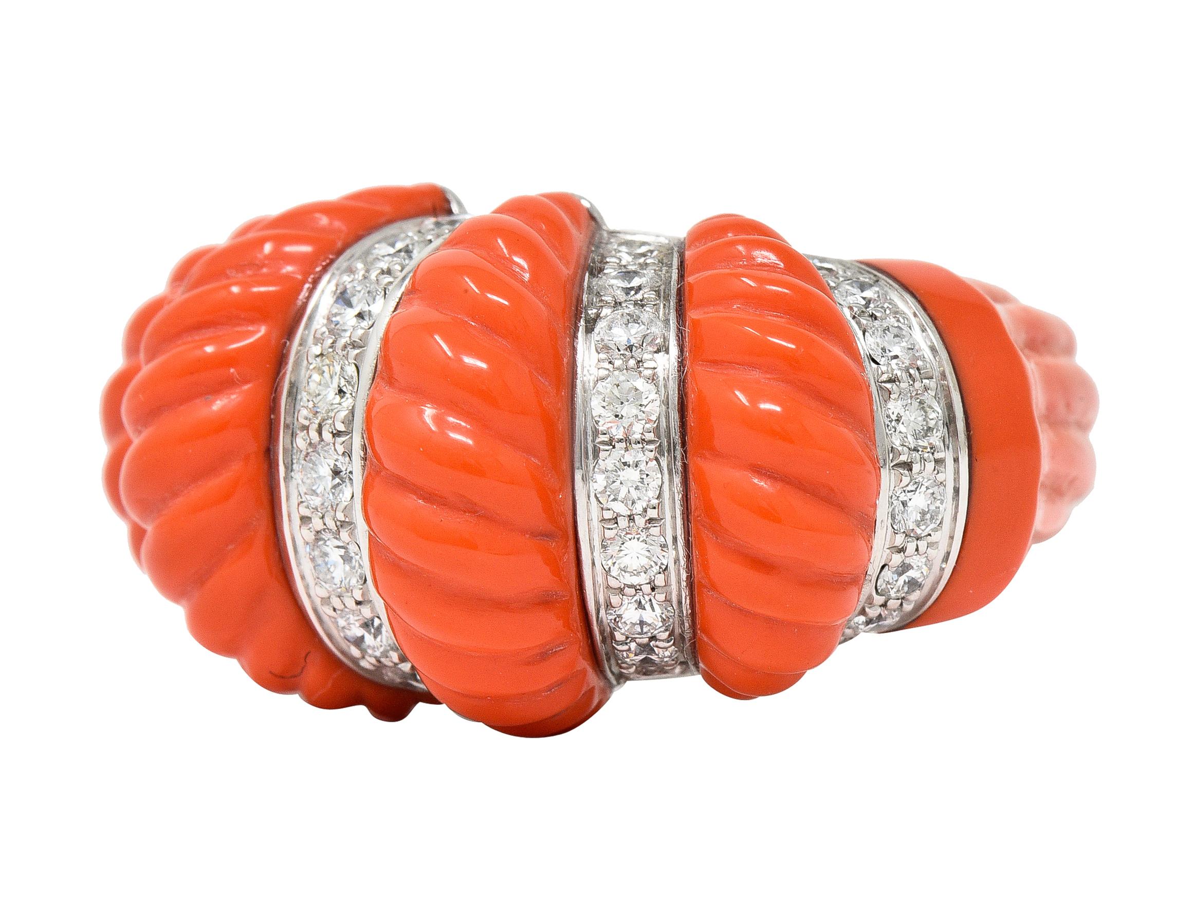 Women's or Men's Cartier French 1.93 CTW Diamond Coral 18 Karat Gold Vintage Dome Ring