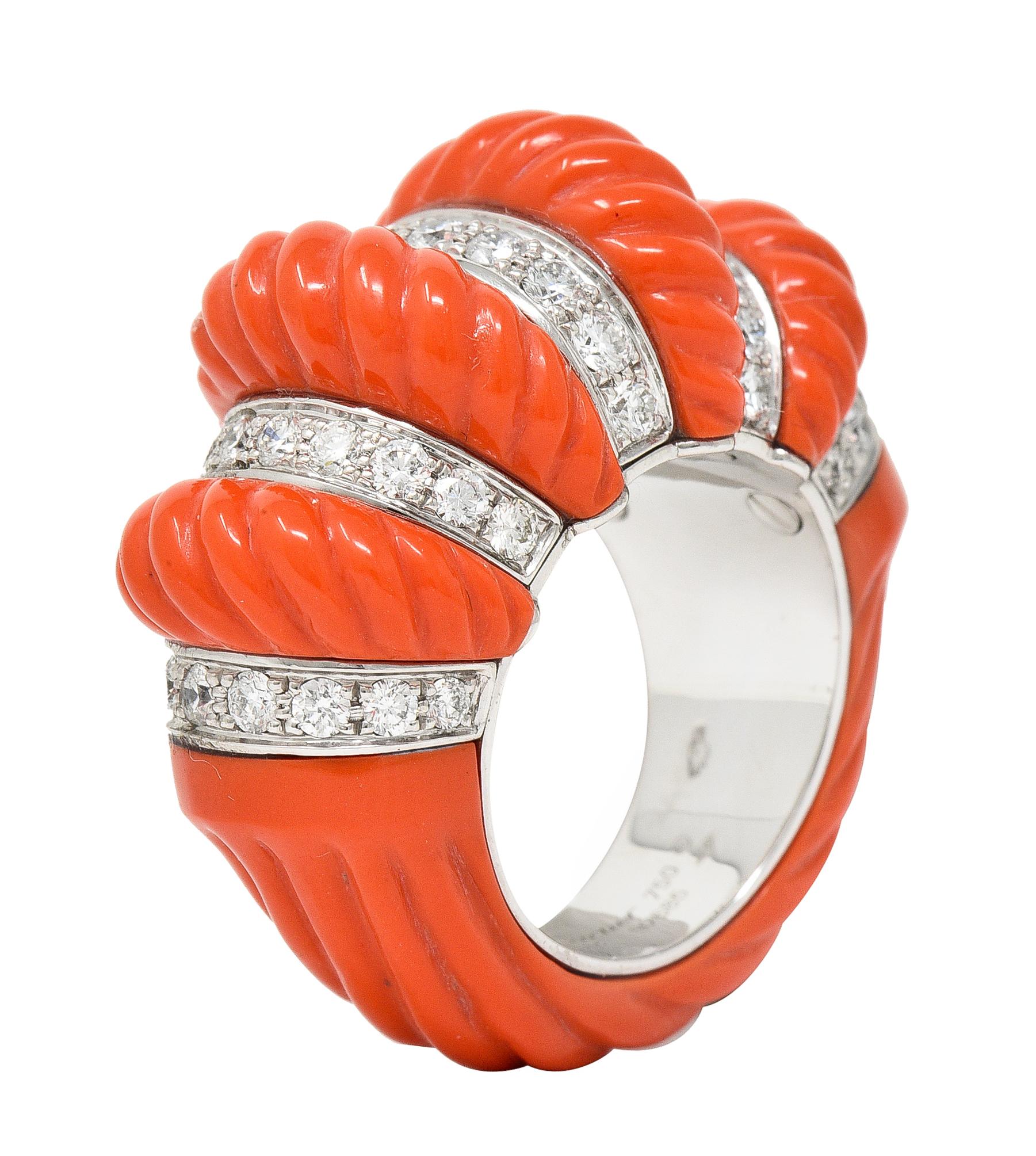 Cartier French 1.93 CTW Diamond Coral 18 Karat Gold Vintage Dome Ring 2