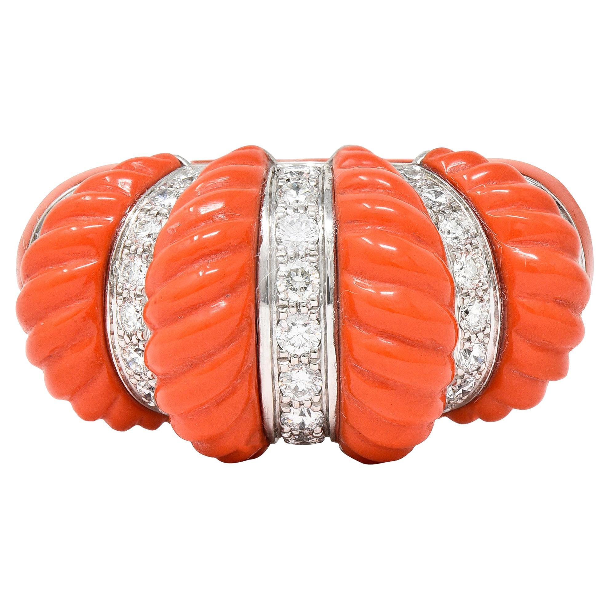 Cartier French 1.93 CTW Diamond Coral 18 Karat Gold Vintage Dome Ring