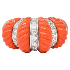 Cartier French 1.93 CTW Diamond Coral 18 Karat Gold Vintage Dome Ring
