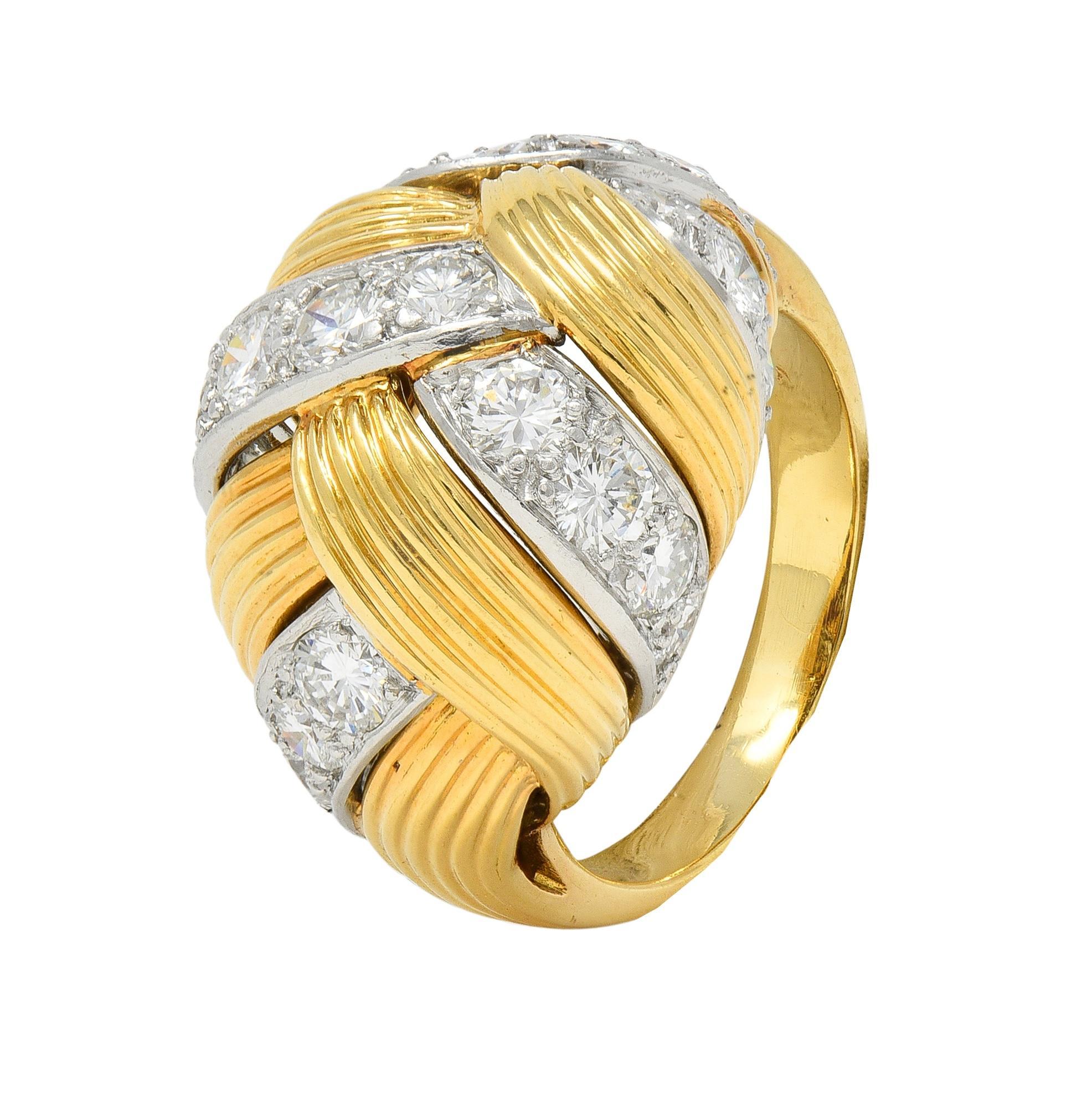Anillo cúpula tejida vintage de oro de 18 quilates y platino de 2,55 quilates de diamantes de los años 50 de Cartier French en venta 7