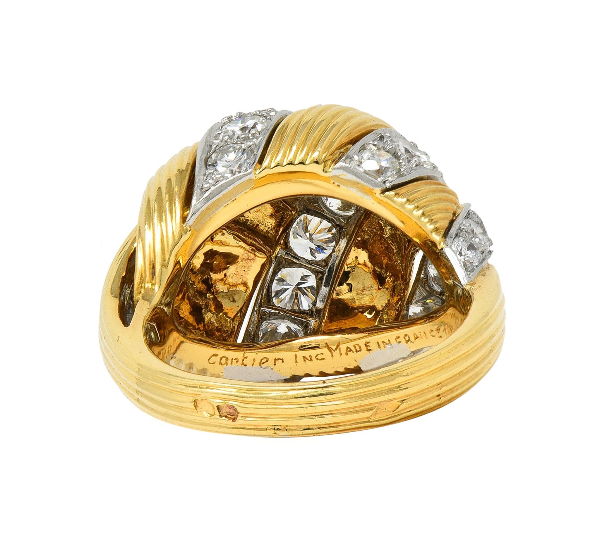 Anillo cúpula tejida vintage de oro de 18 quilates y platino de 2,55 quilates de diamantes de los años 50 de Cartier French en venta 1