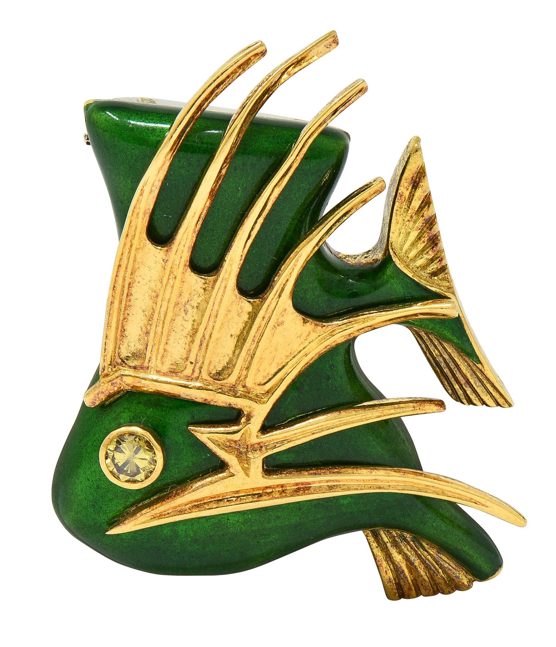 Cartier, spilla francese anni '60 in oro 18 carati con smalto e diamanti, pesce tropicale d'epoca