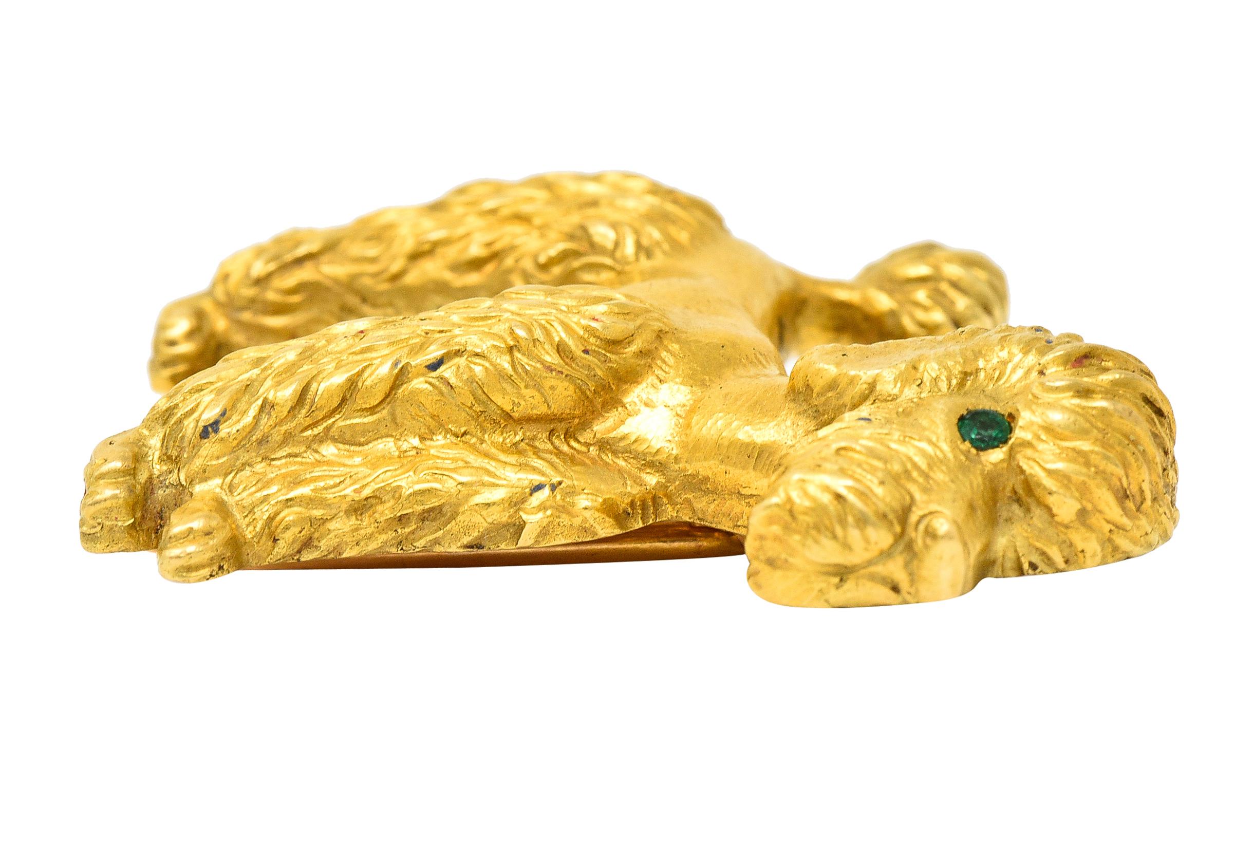 Round Cut Cartier French 1960's Emerald 18 Karat Yellow Gold Poodle Dog Vintage Brooch