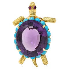 Cartier French 1960's Ruby Amethyst Turquoise 18K Gold Vintage Turtle Brooch