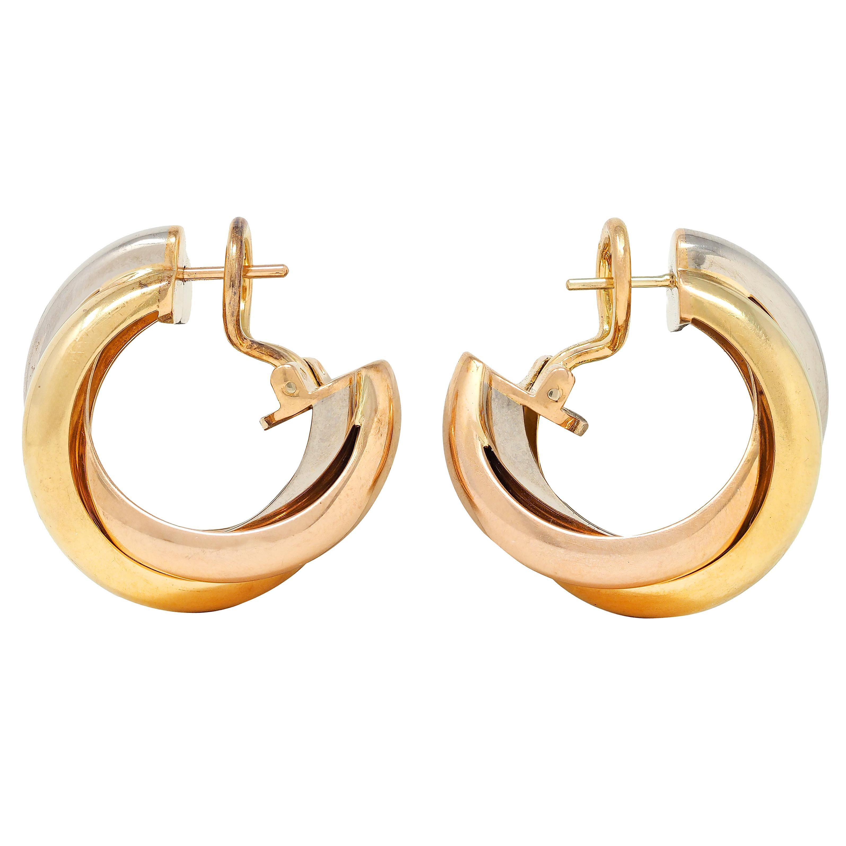 Cartier French 1990's 18 Karat Tri-Gold Rose Vintage Trinity Hoop Earrings In Excellent Condition For Sale In Philadelphia, PA