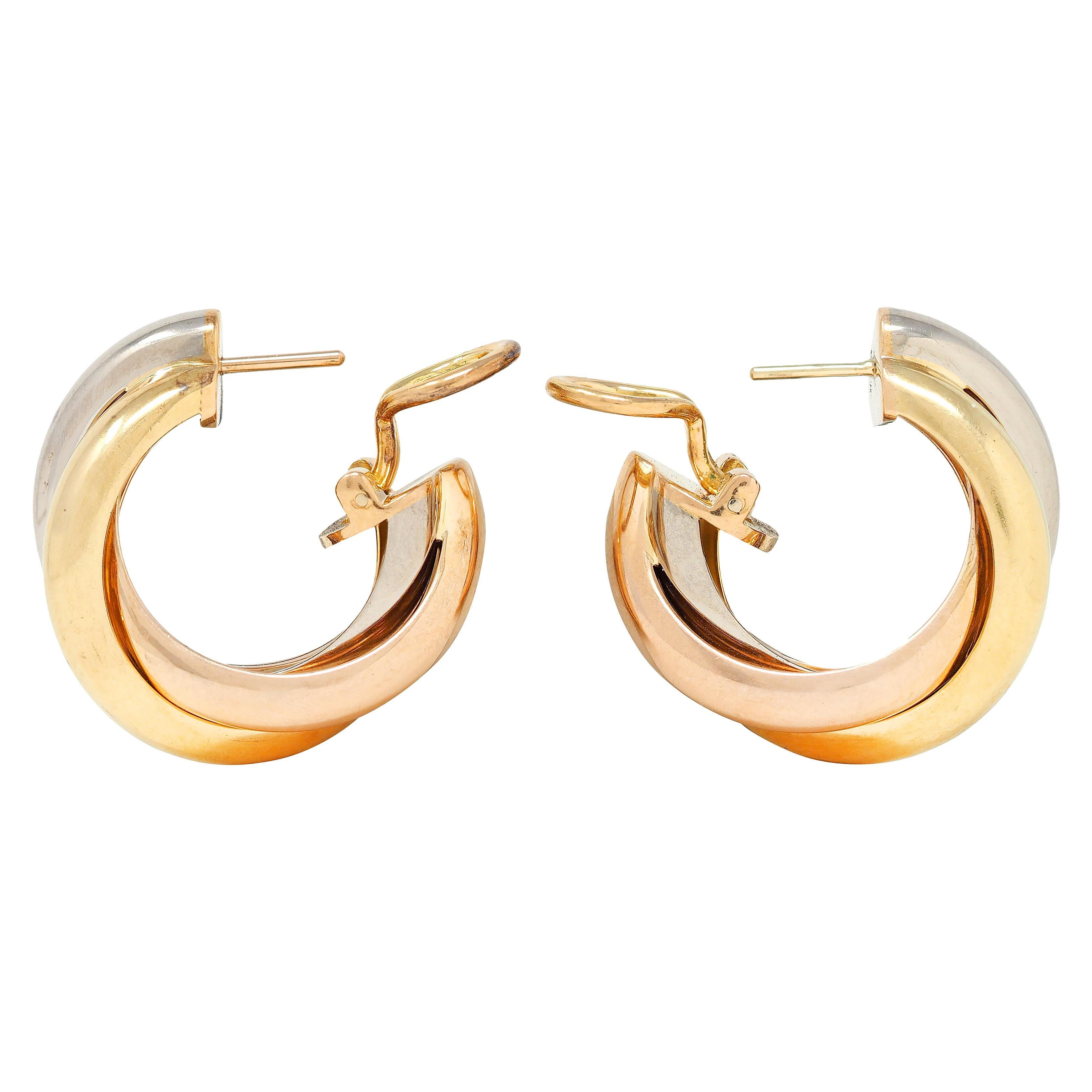 Women's or Men's Cartier French 1990's 18 Karat Tri-Gold Rose Vintage Trinity Hoop Earrings For Sale