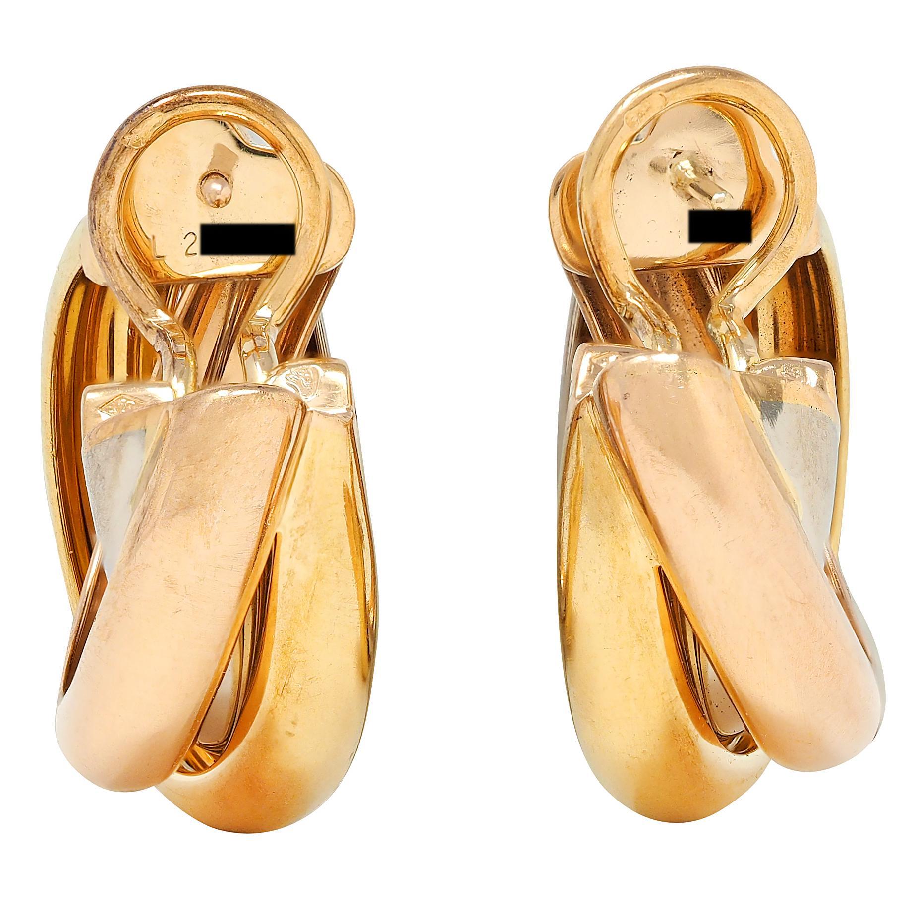 Cartier French 1990's 18 Karat Tri-Gold Rose Vintage Trinity Hoop Earrings For Sale 1