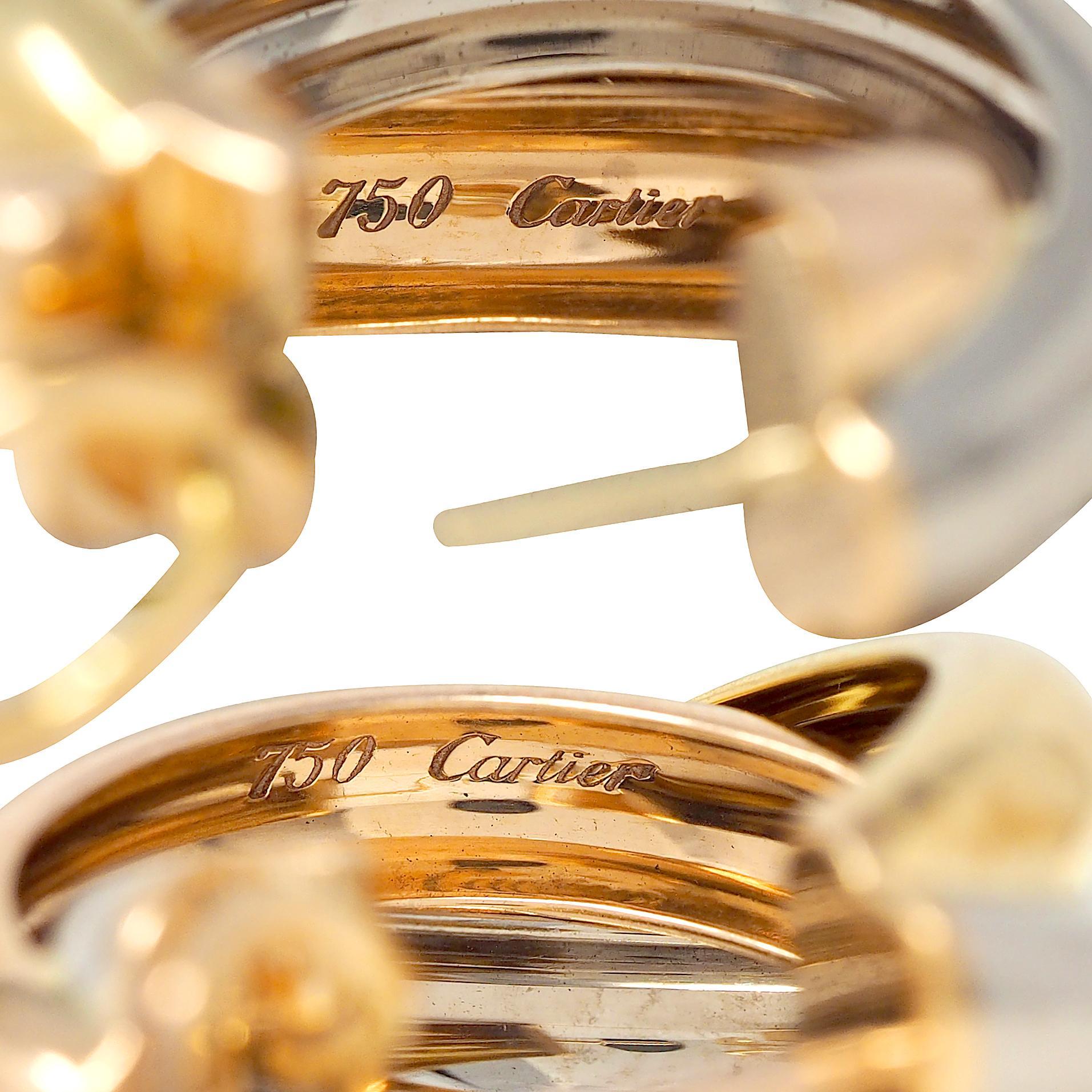 Cartier French 1990's 18 Karat Tri-Gold Rose Vintage Trinity Hoop Earrings For Sale 4