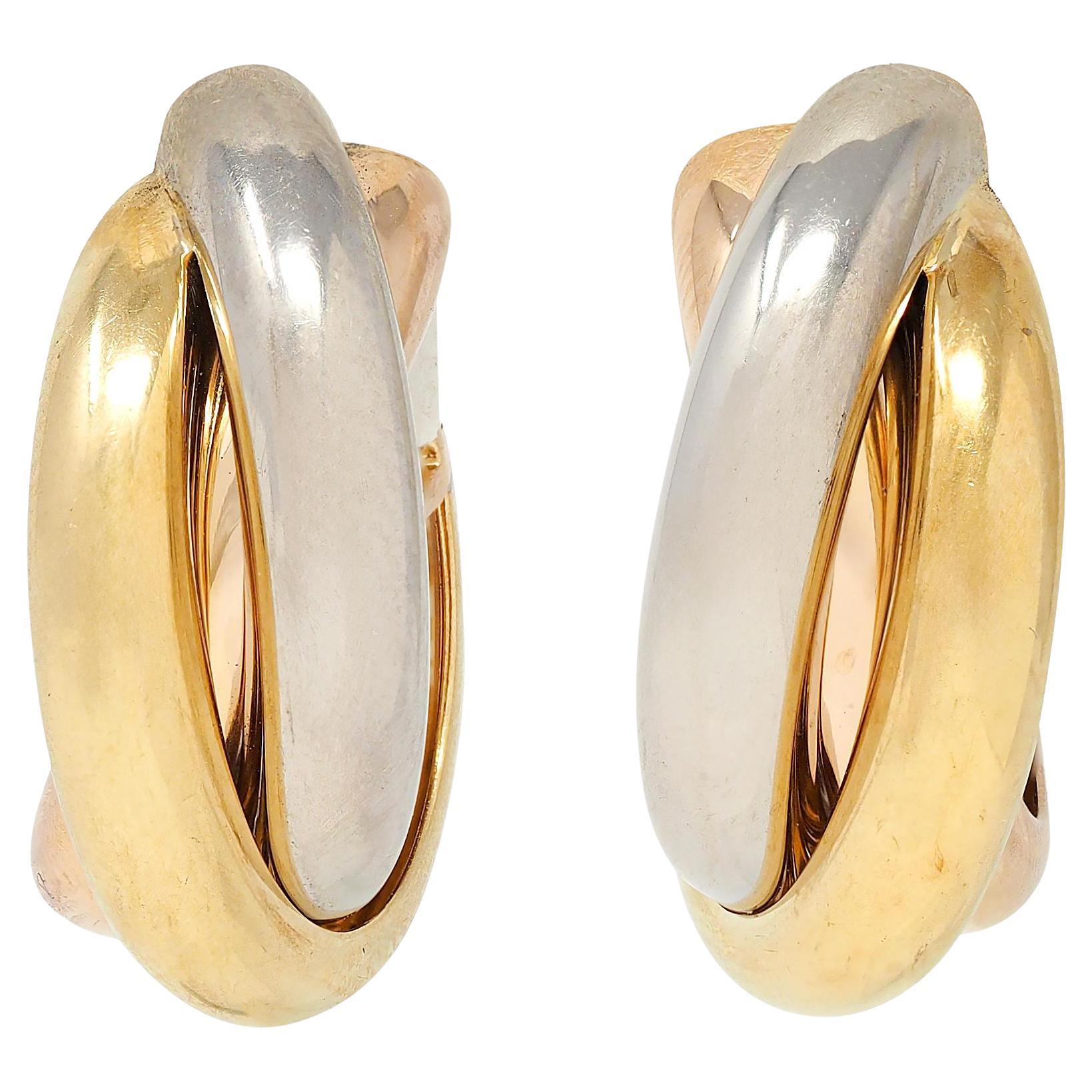 Cartier French 1990's 18 Karat Tri-Gold Rose Vintage Trinity Hoop Earrings For Sale