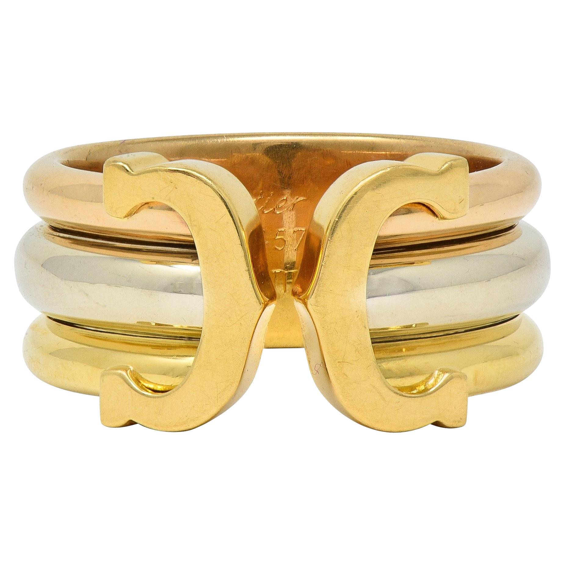 A.I.C. Cartier francese 1997, oro 18 carati tricolore, anello vintage C.C.