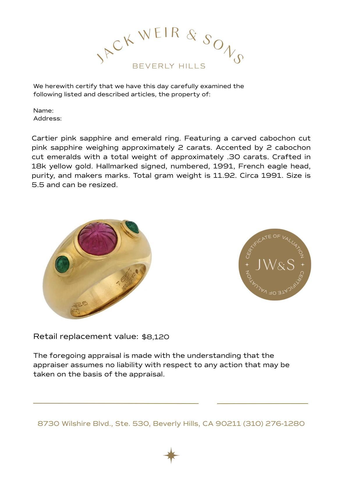 Cartier Französisch 2 Karat geschnitzt rosa Saphir Smaragd 18k Gelbgold Ring Damen im Angebot